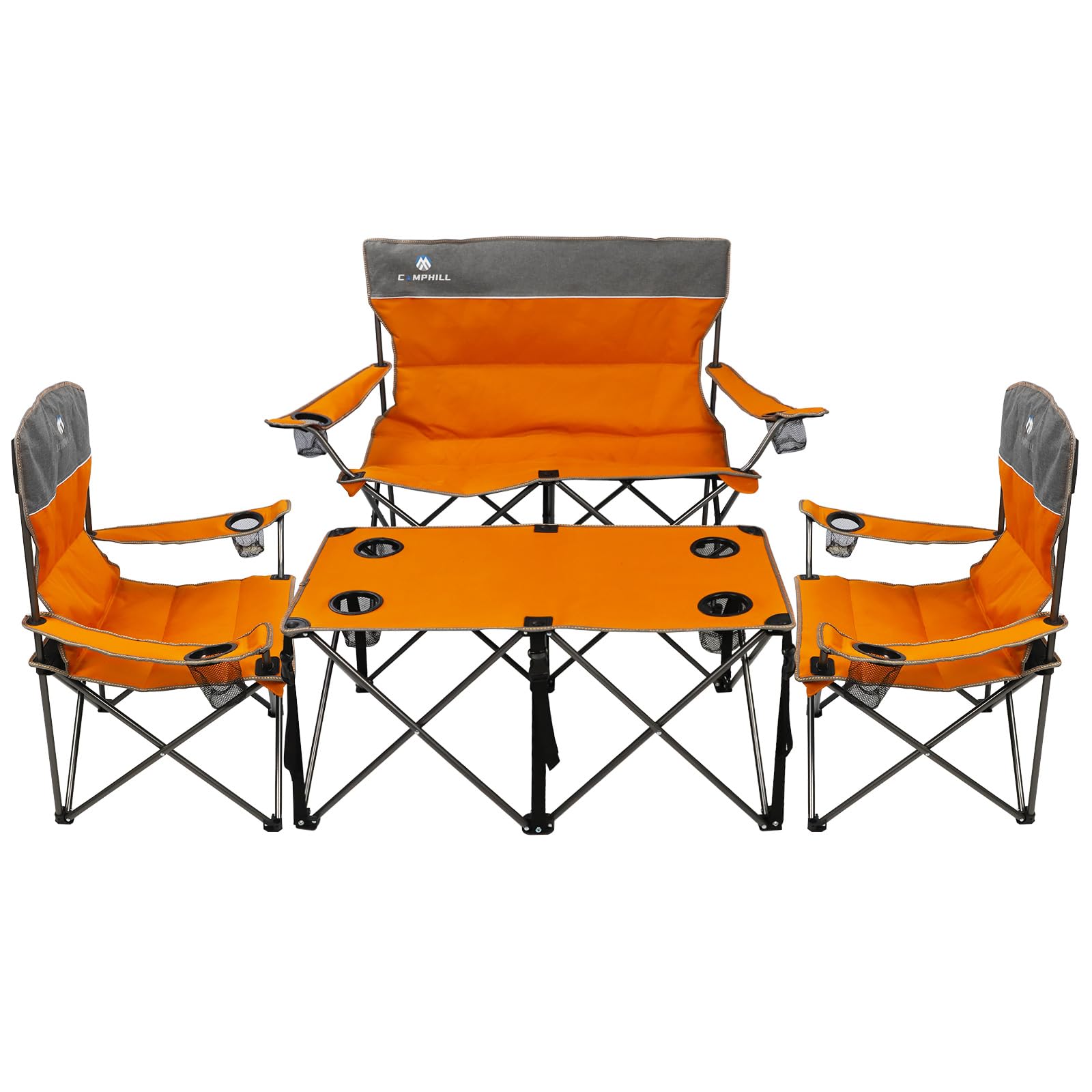Camping Chair Set of 4 - Heavy Duty Folding Outdoor Chairs with Table & Cup Holders | Portable Lawn Chairs for Camping, Backyard, Beach & Picnic | Includes 1 Sofa Chair + 2 Single Chairs + Camping Table