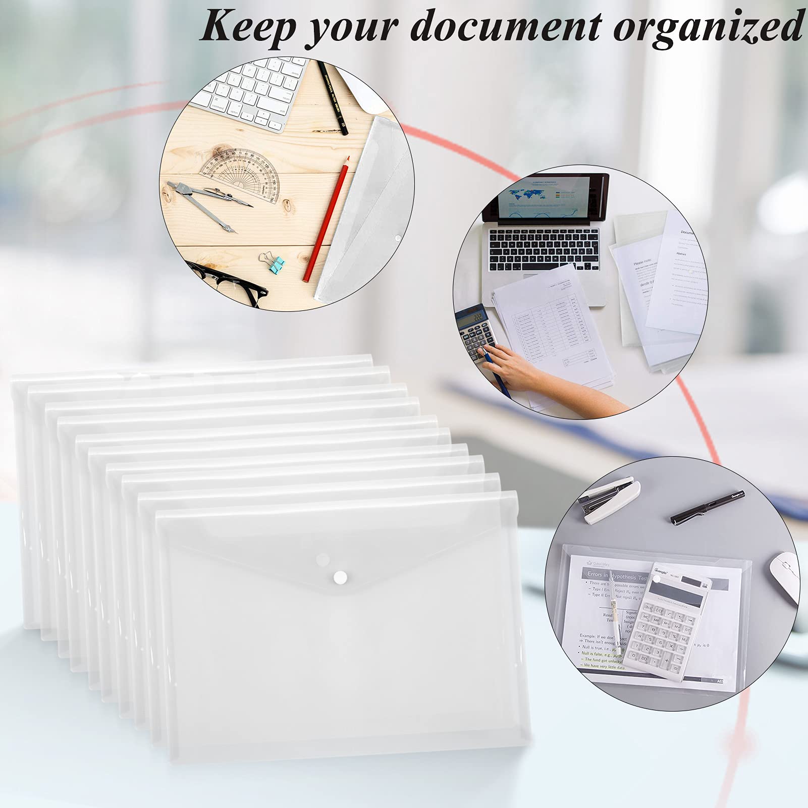 Toplive 12-Pack Plastic File Folders - Clear A4 Letter Size Waterproof Poly Envelopes with Snap Closure for Office & School Supplies | Organize Documents, Receipts, and Important Papers for Home, Office, or Classroom Use