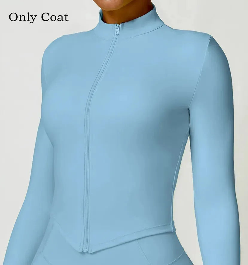 Women's Long Sleeve Quick Dry Yoga Outfit Set - Nude Zippered Sport Coat & Shorts for Fitness, Running & Workouts | Moisture-Wicking Activewear for Gym, Yoga & Outdoor Sports