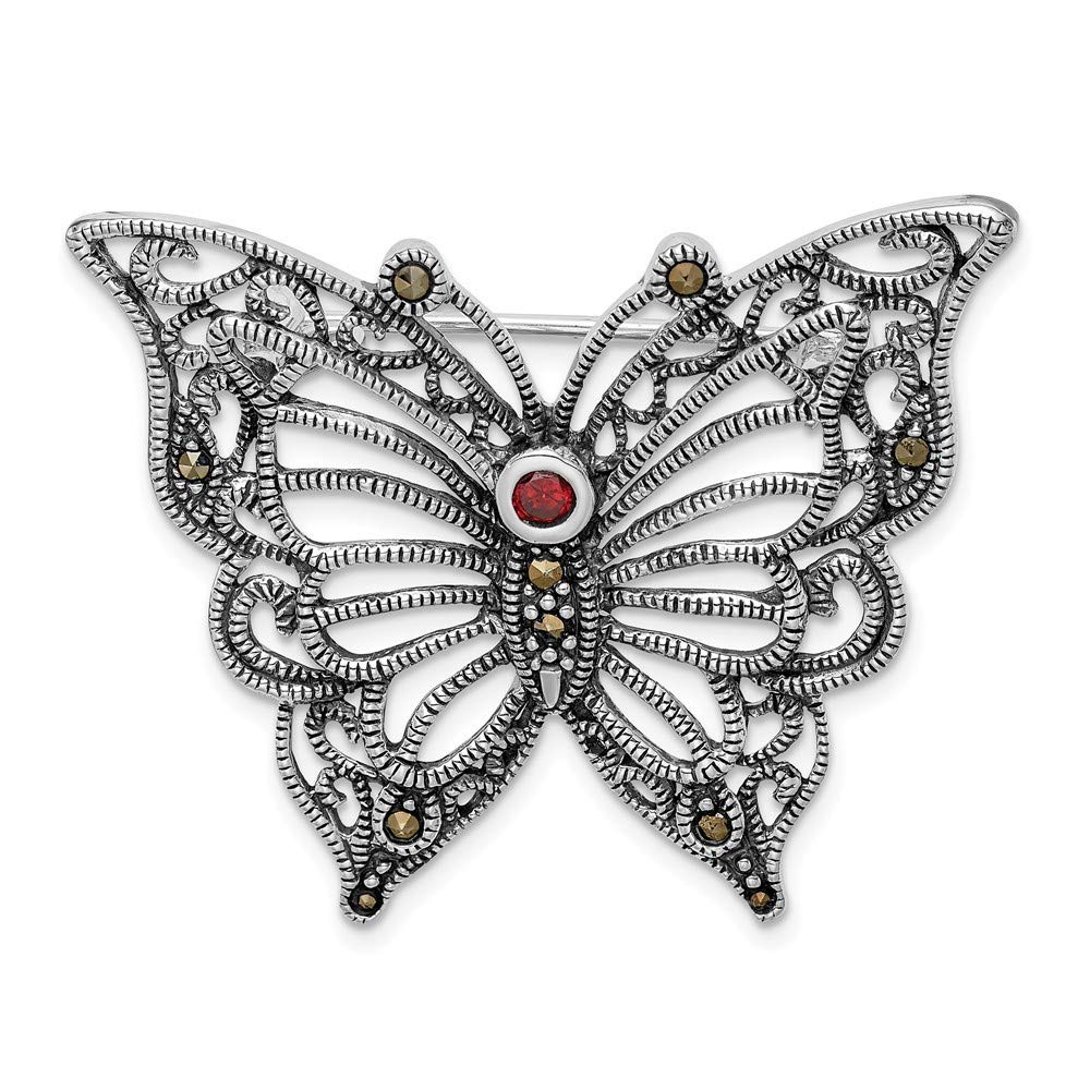925 Sterling Silver Marcasite & Red CZ Butterfly Angel Wing Brooch Pin - Cubic Zirconia Simulated Diamond Jewelry Gift for Women - Perfect for Weddings, Parties & Special Occasions
