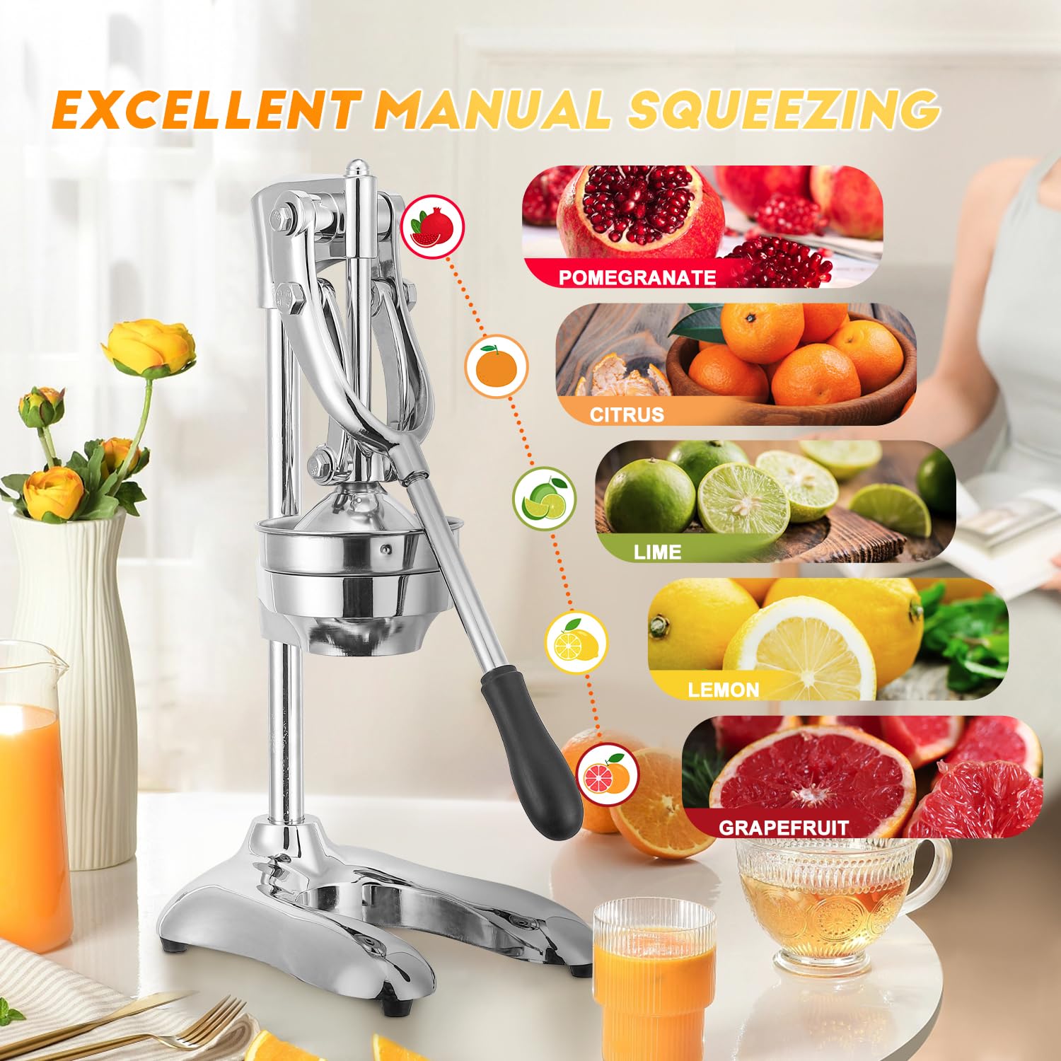Moongiantgo Commercial Manual Juicer - Heavy Duty Hand Press Citrus Juicer Extractor with 2 Reusable Fruit Bags for Orange, Lemon, Lime, Pomegranate | Easy to Clean Stainless Steel Fruit Squeezer | Perfect for Juice Bars, Restaurants & Home Kitchen Use