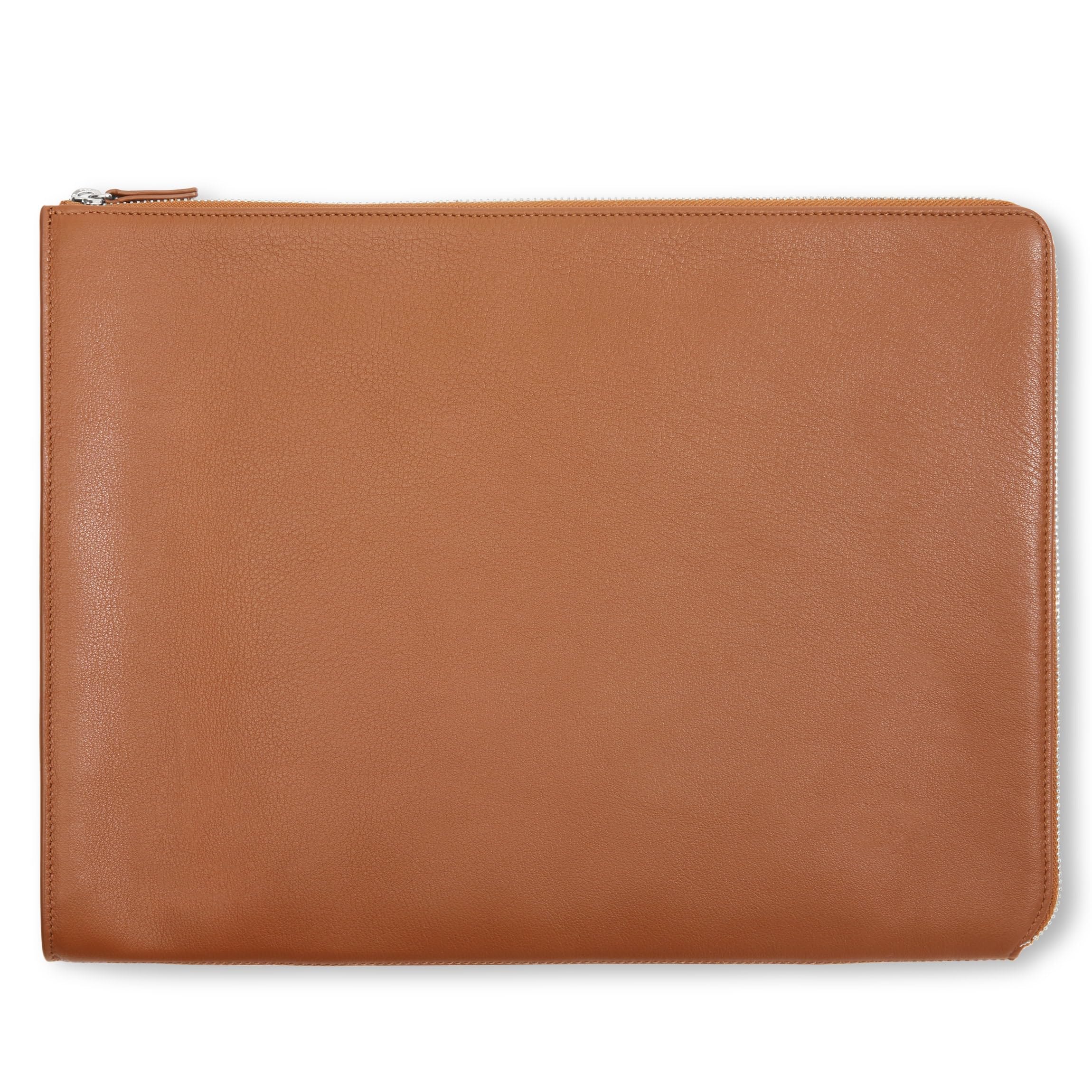 Premium Cognac Leather Zippered Document Holder with Interior Pocket for Tablet - Perfect for Business, Travel & Office Organization