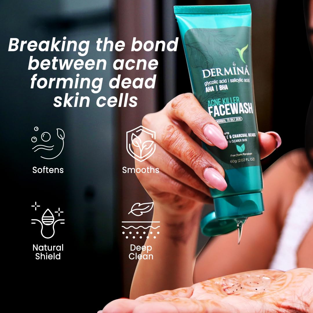 DERMINA Acne Killer Face Wash with Glycolic Acid, AHA, BHA, Vitamin E & Charcoal Beads - Deep Cleansing for Acne & Pimple Free Skin | Normal to Oily Skin Care for Women & Men | 60g | Perfect for Daily Skincare Routine & Travel
