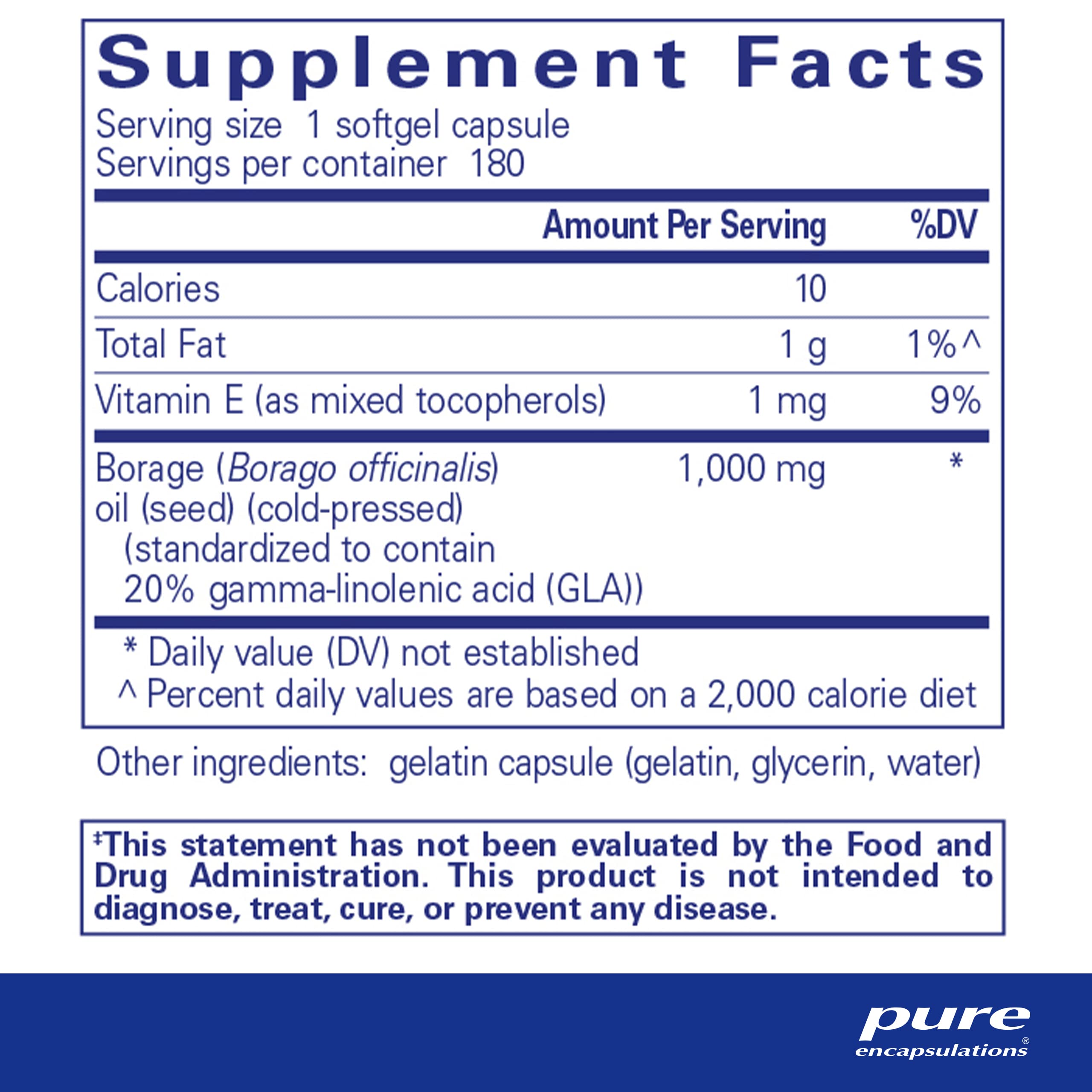 Pure Encapsulations Borage Oil 180 Softgels | Hypoallergenic Omega-6 Supplement with GLA | Supports Skin, Joint & Heart Health | Perfect for Daily Wellness Routine & Anti-Aging Care