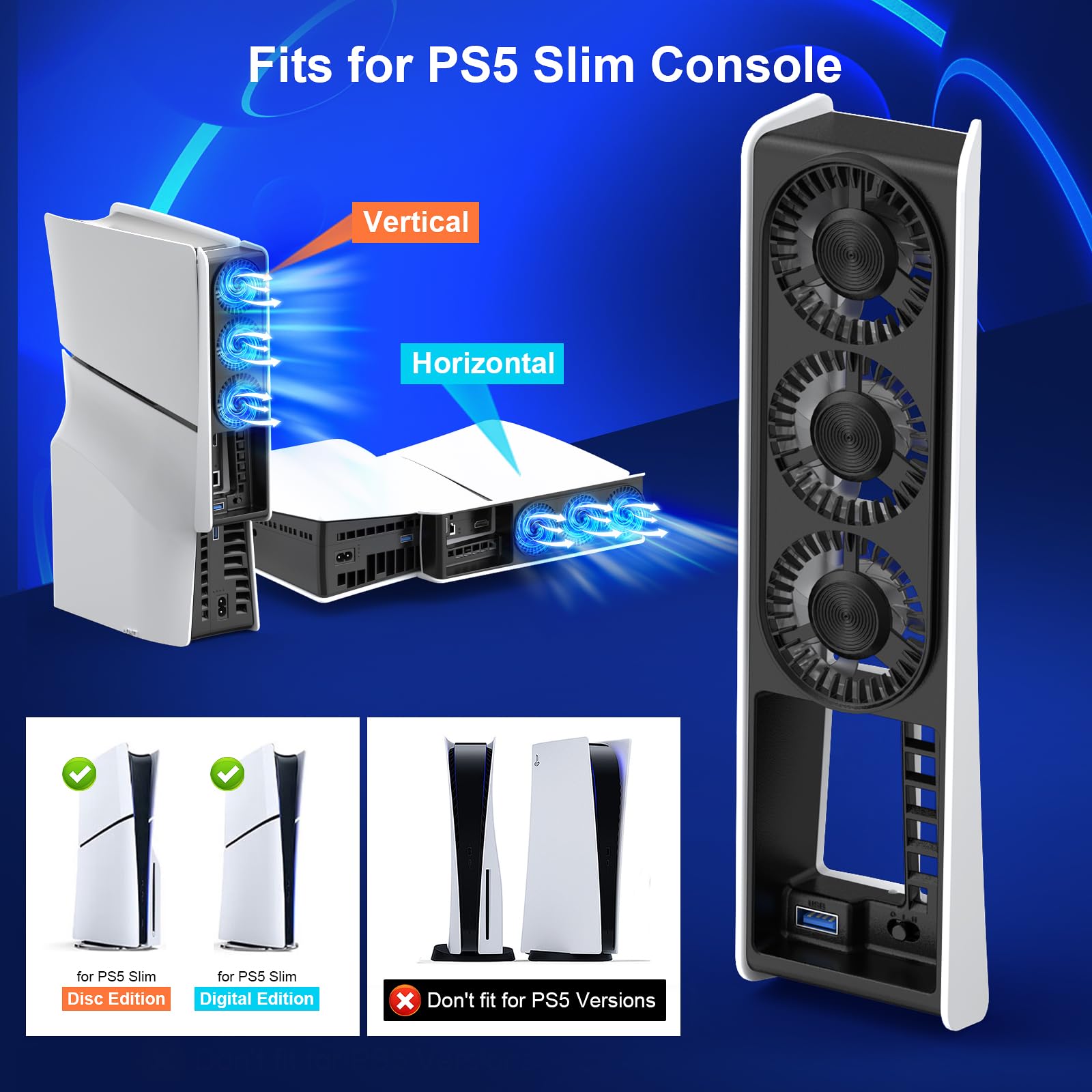 PS5 Slim Cooling Fan with Auto ON/OFF, 2-Speed Quiet Cooling, LED Light & USB Port - Compatible with PS5 Slim Digital & Disc Edition (Not for PS5) - Perfect for Gaming Sessions & Overheating Prevention