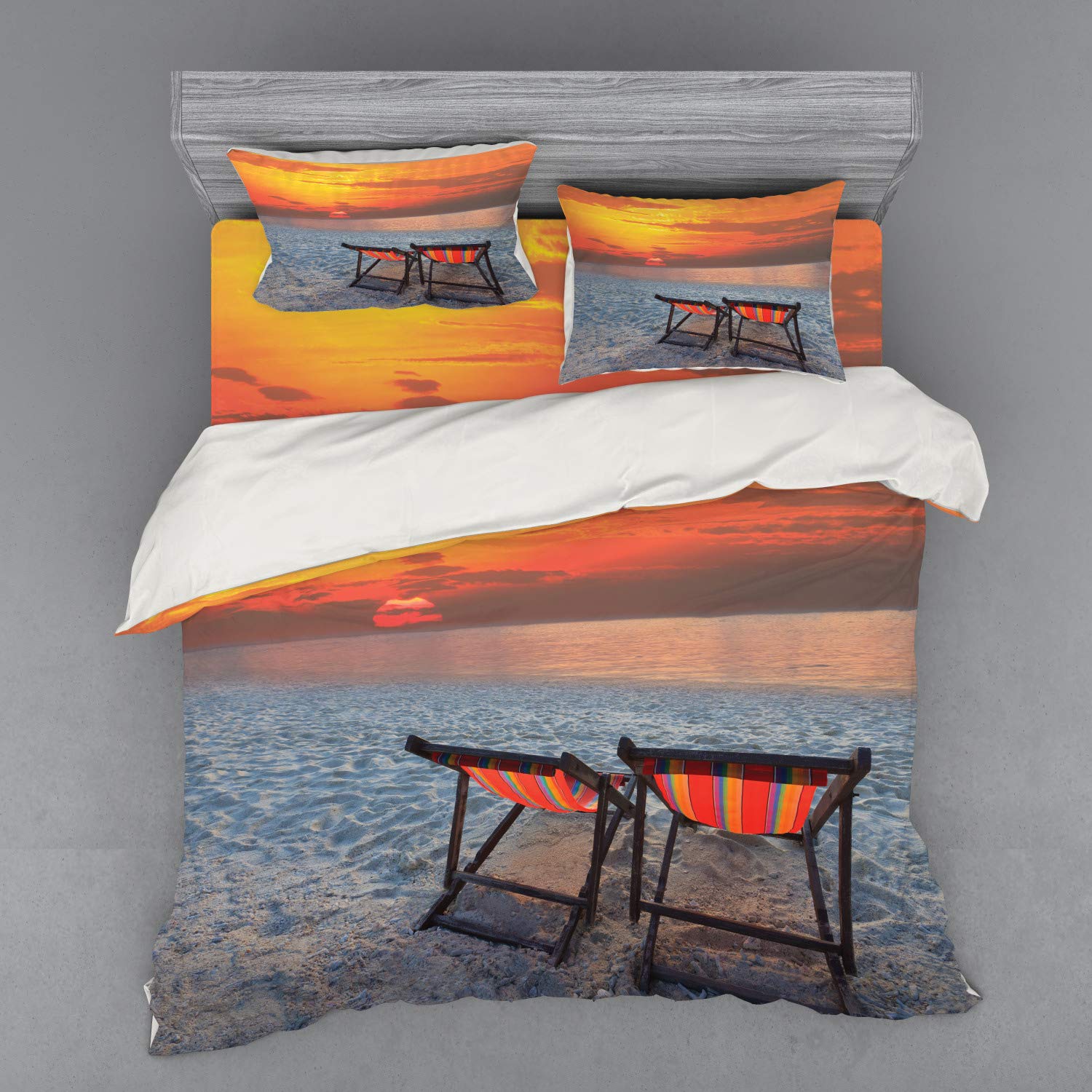 Ambesonne Seaside Bedding Set - King Size 4-Piece Duvet Cover with Shams & Fitted Sheet, Vibrant Orange Red Grey Beach Sunset Design - Perfect for Coastal Themed Bedrooms, Guest Rooms & Vacation Homes