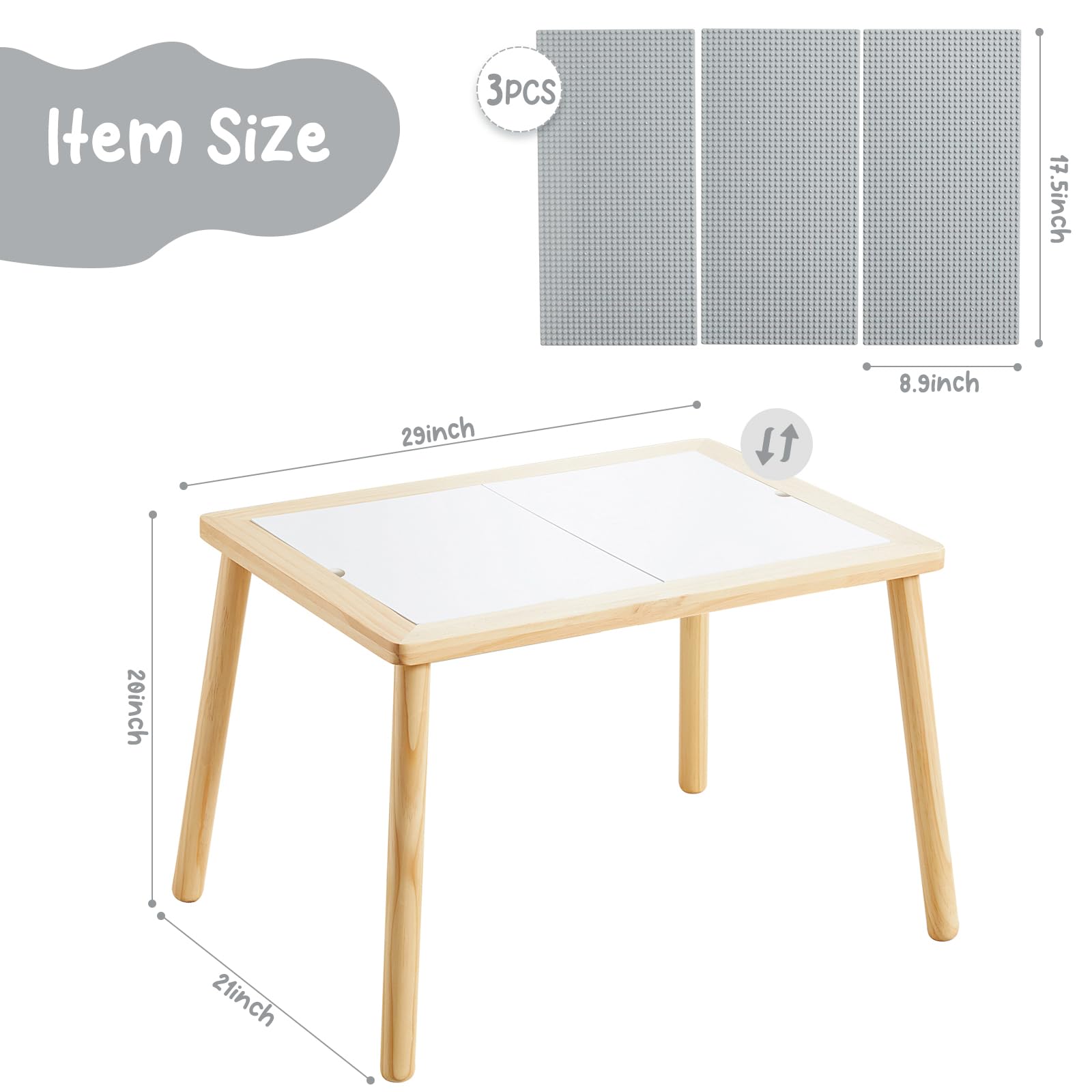 Beright Kids Activity Table with 3 Baseplates - Grey Building Block Play Table with Double-Sided Tabletop | Indoor Sensory Learning Table for Toddlers | Perfect for Preschool Playrooms, Daycare Centers & Home Use