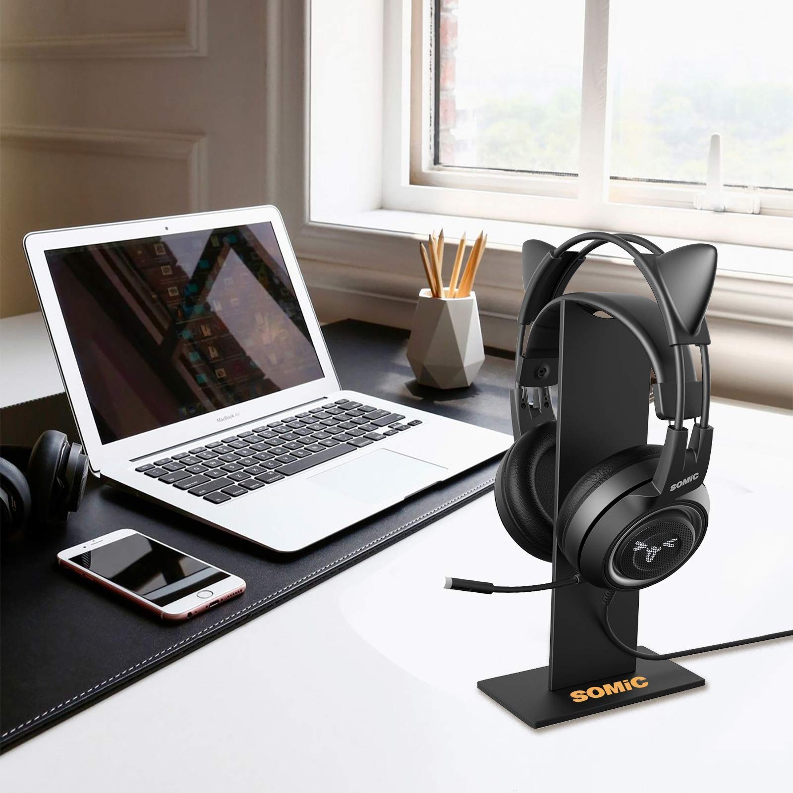SOMIC G951 Black Cat Ear Gaming Headset with 7.1 Virtual Surround Sound, LED Lights & Headphone Stand - Lightweight PC, PS4, Laptop Headphones for Women & Girls - Perfect for Gaming, Streaming & Online Classes