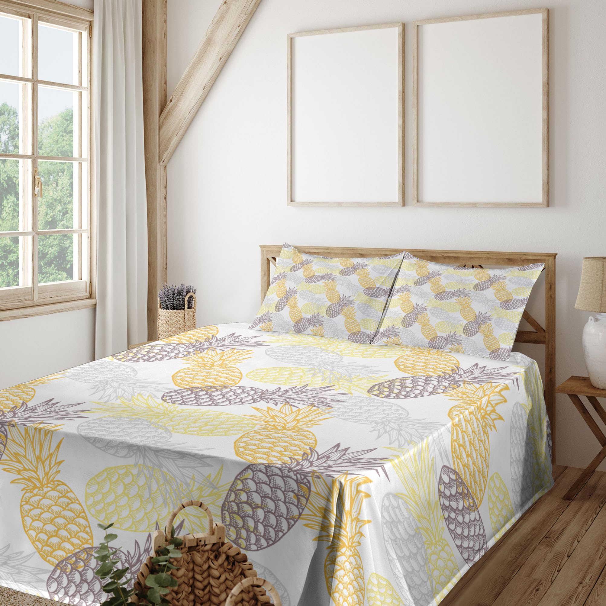 Ambesonne Tropical Pineapple Bedding Set - 4 Piece King Size Sheet Set with Fitted Sheet, Flat Sheet & Pillowcases - Soft Exotic Fruit Design in Marigold & Dimgray - Perfect for Beach House, Summer Decor & Tropical Themed Bedrooms