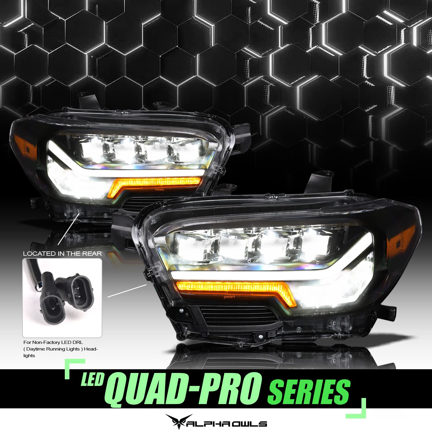 Alpha Owls Quad-Pro LED Headlights for 2016-2023 Toyota Tacoma - White LED Light Bar & Sequential Turn Signals | Perfect for Off-Road & Night Driving
