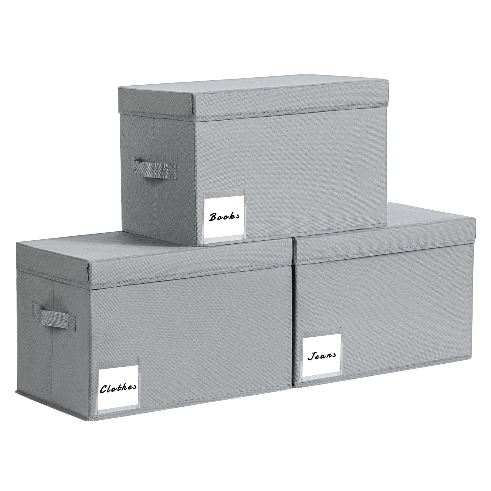 Linen Closet Organizers and Storage Bins - 3 Pack Foldable Fabric Storage Boxes with Labels for Bedroom, Closet & Home Organization - Grey Decorative Organizing Bins for Shelves, Underbed & Wardrobe Storage