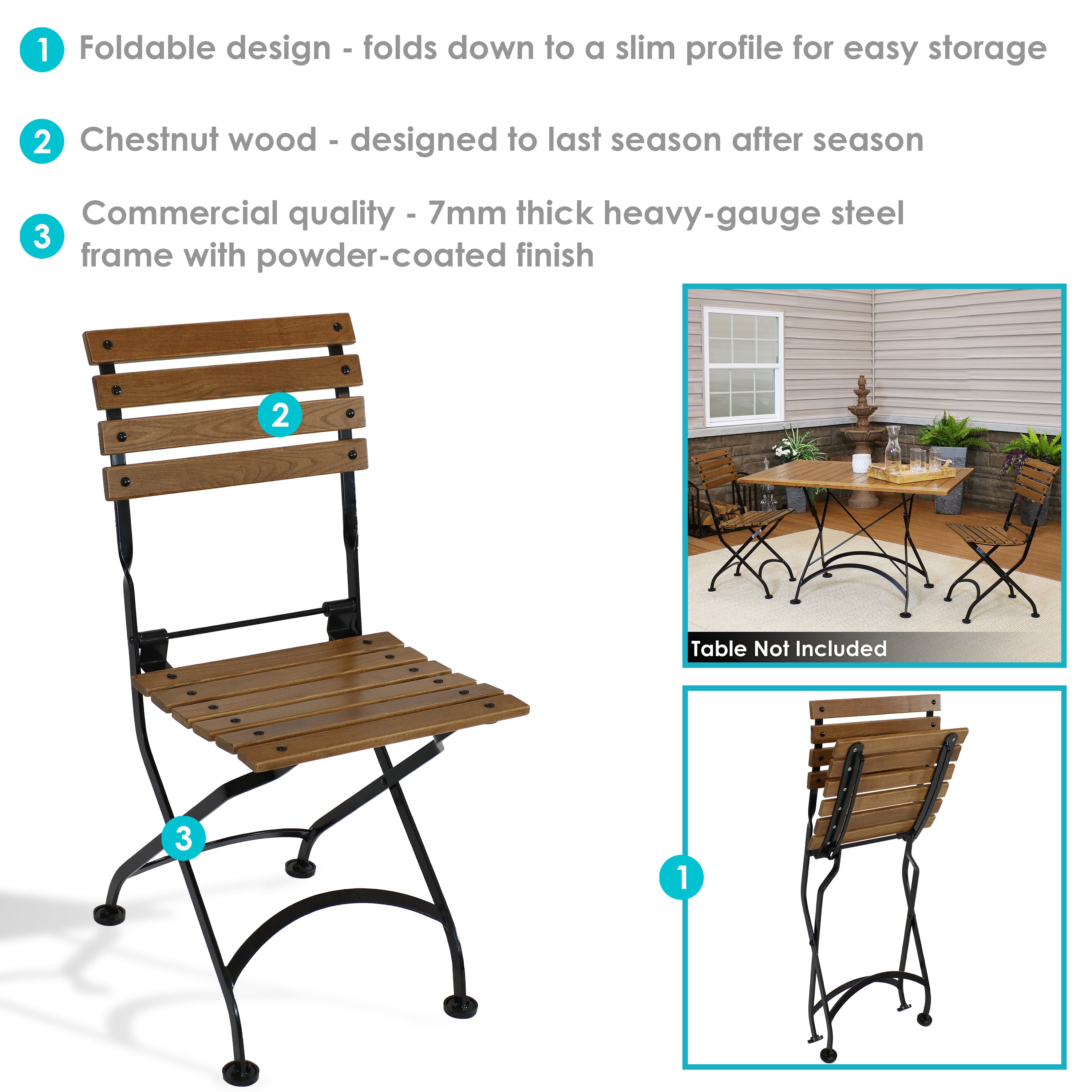 Sunnydaze European Chestnut Wooden Folding Bistro Side Chair - Patio, Garden, Balcony & Outdoor Dining Furniture - Compact & Space-Saving Design