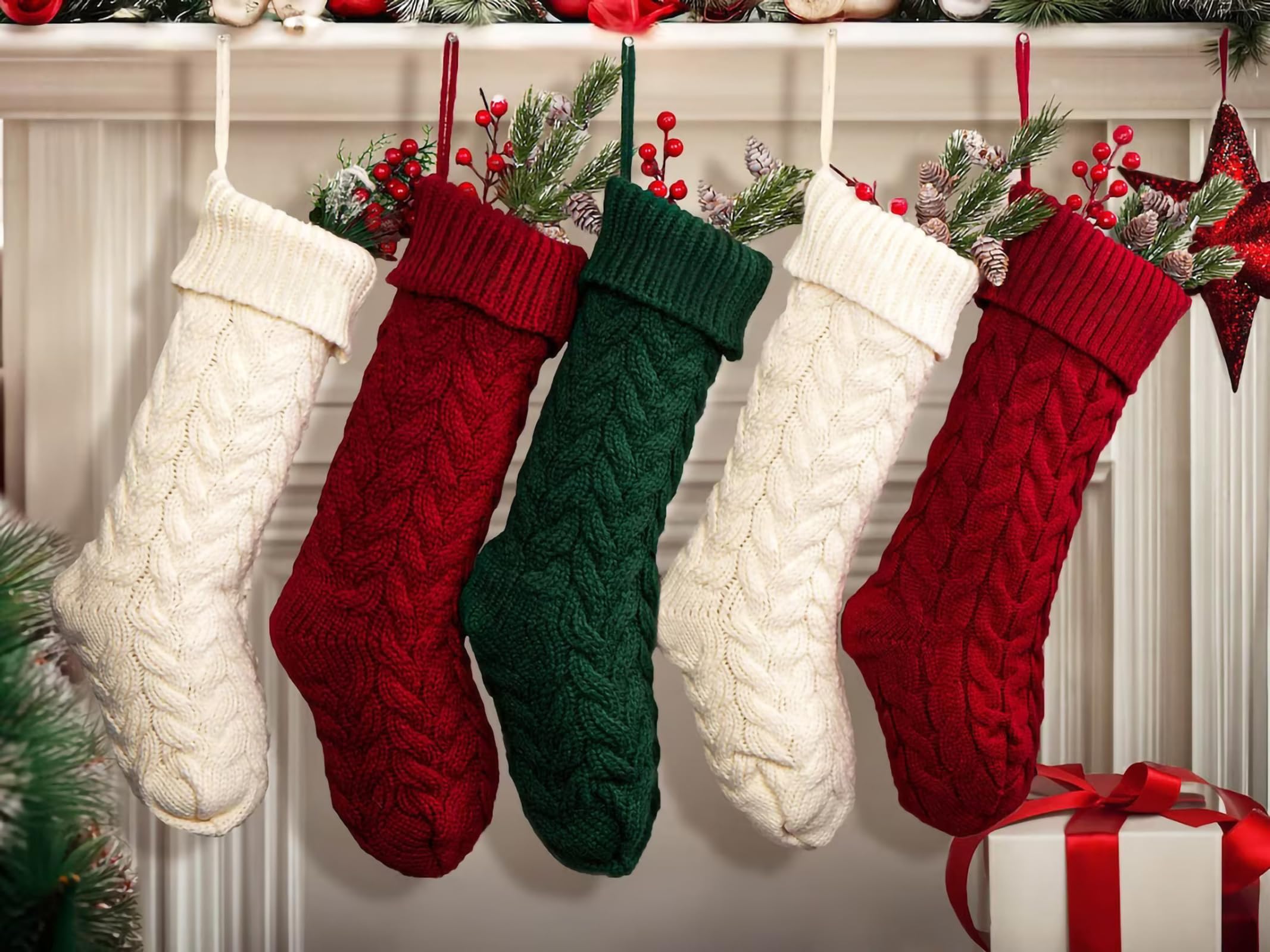 18 Inch Christmas Stockings Bulk 6 Pack - Large Cable Knit Fireplace Hanging Stockings for Family Holiday Decor - Burgundy & Ivory White Xmas Stockings - Perfect for Christmas Party, Home Decor and Gift Giving
