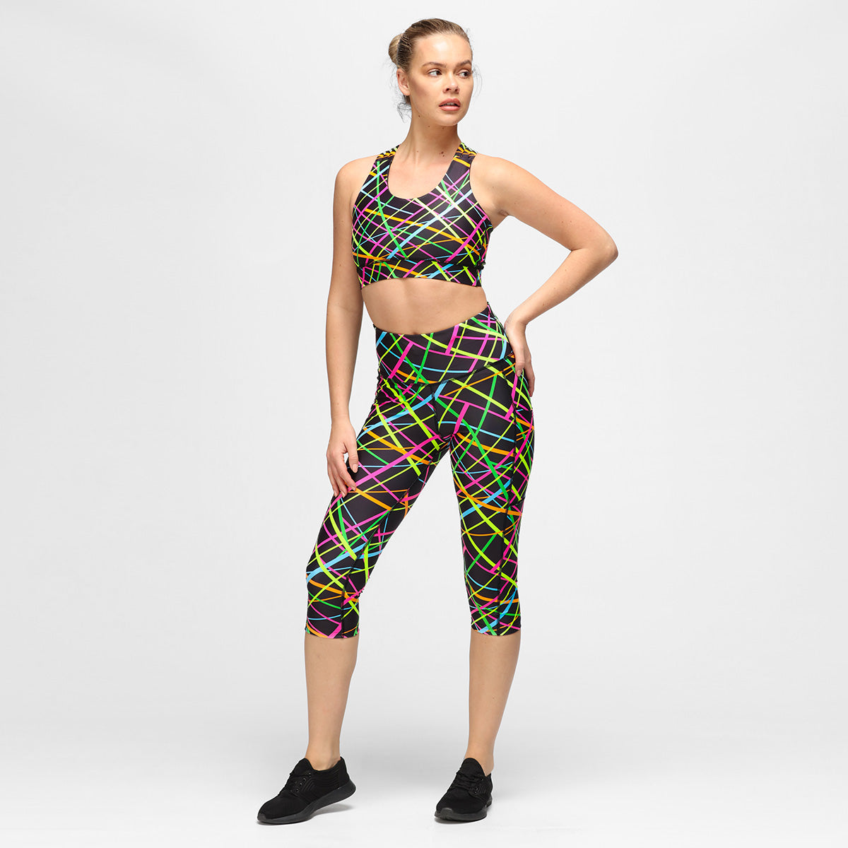 Clubbercise Neon Beam Capri Leggings - High Waist Workout Pants for Dance Fitness & Yoga - Perfect for Gym, Zumba, and Nightclub Dancing
