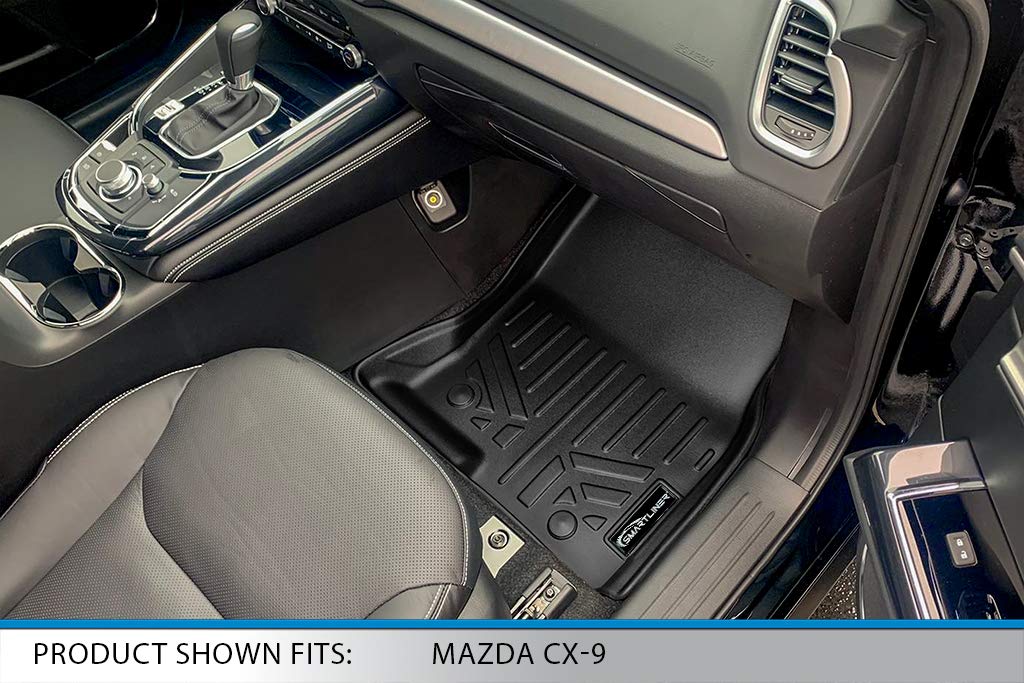 Premium SMARTLINER Custom Fit Floor Mats - 3 Row Liner Set (Black) for 2016-2021 Mazda CX-9 | 2nd Row Bucket/Bench with Center Console | All-Weather Protection & Easy Cleaning for SUVs, Family Cars & Road Trips