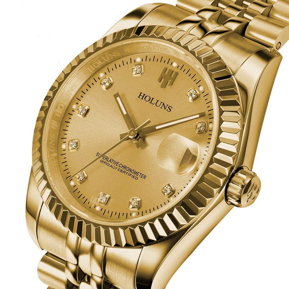 Gosasa Men's Gold Stainless Steel Automatic Mechanical Self-Winding Watch - Luxury Dress Wristwatch for Business, Formal Events & Gifts