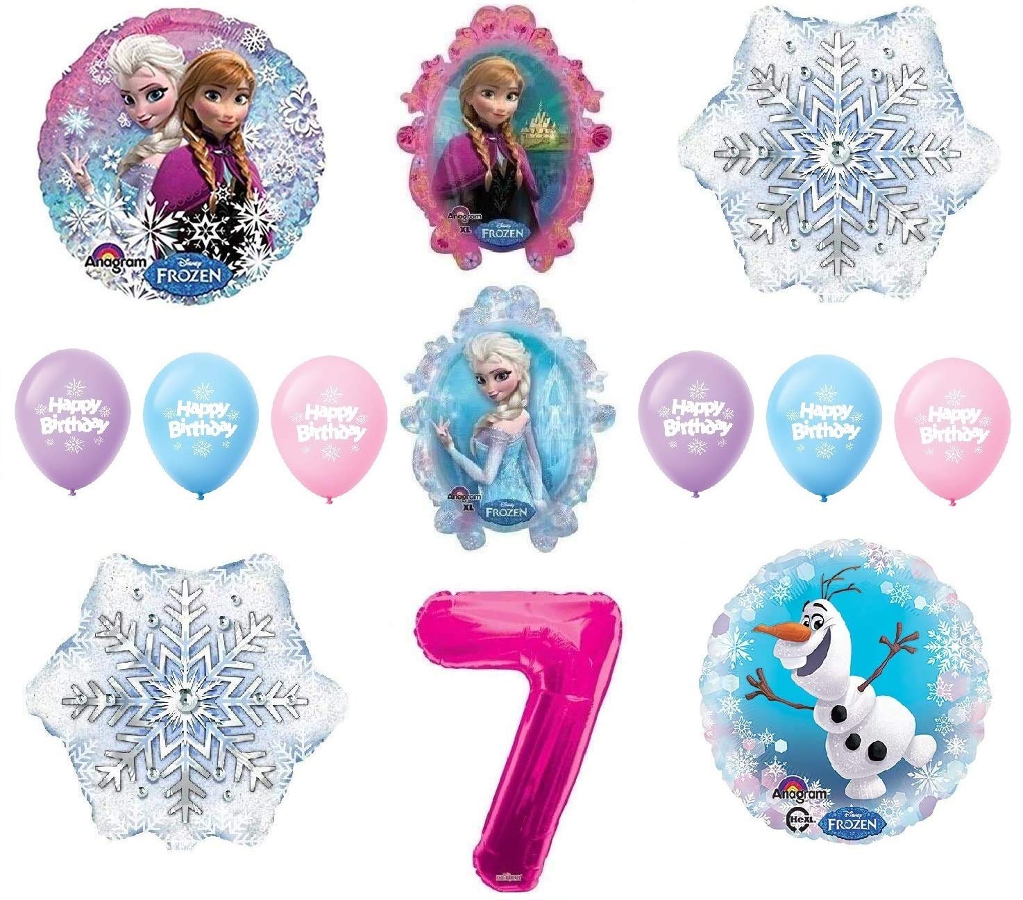 Frozen Anna Elsa Olaf Snowman White Snowflake 7th Birthday Party Balloons Set - 12 Pink Balloons for Kids Birthday Decorations & Disney Themed Parties