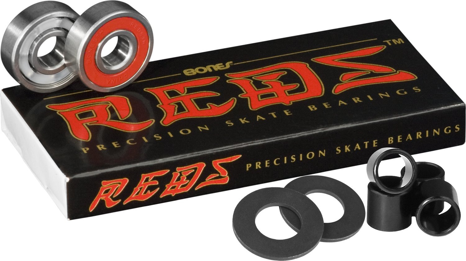 Bones Bearings Bones Reds 8 Skateboard Bearings with Spacers & Washers - High Speed Precision Bearings for Skateboards, Longboards & Roller Skates