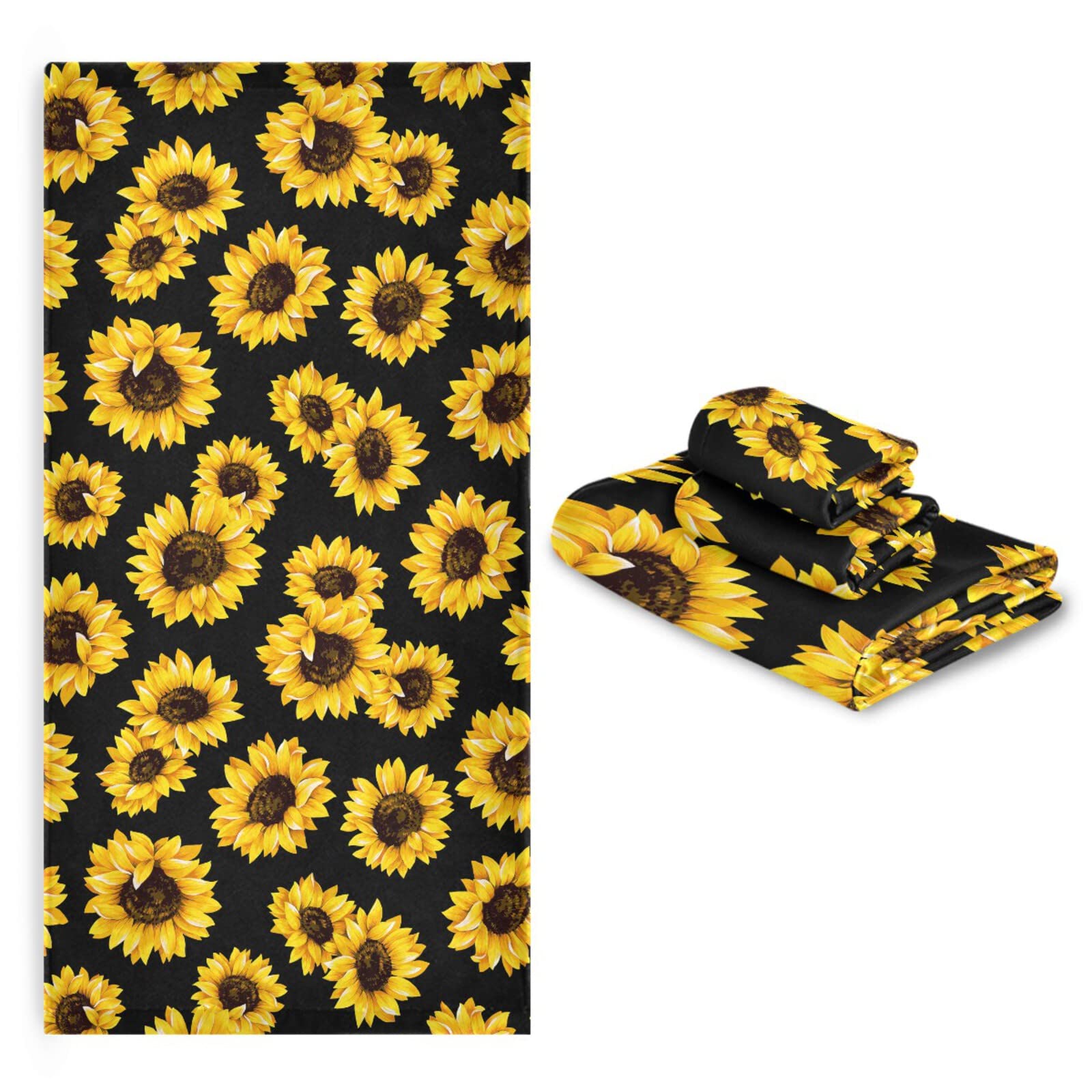 Qilmy 3-Piece Sunflower Towel Set - Ultra Absorbent & Soft Bath Towel, Hand Towel & Washcloth for Bathroom Decor | Perfect for Spa, Beach & Home Use