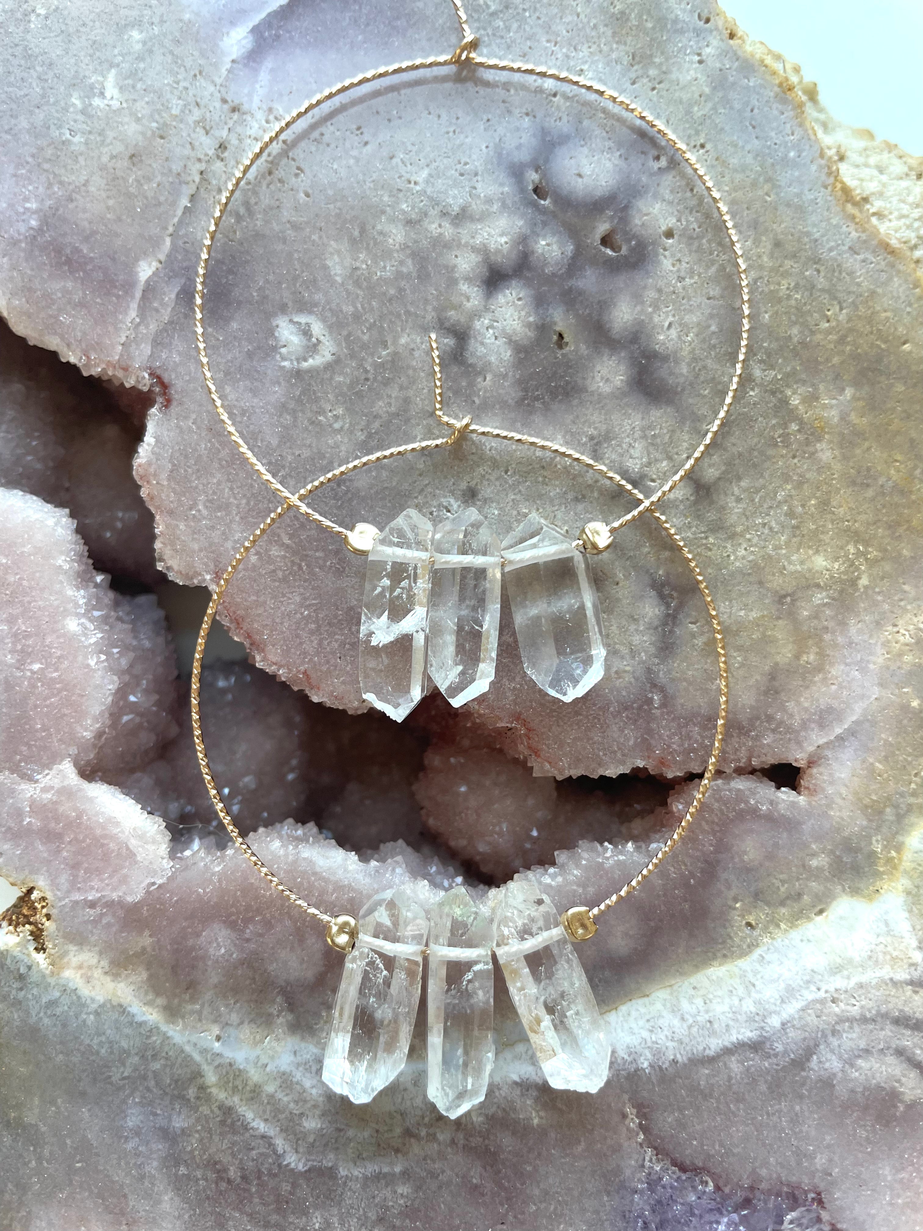 Stylish Thin Clear Quartz Boho Hoop Earrings - Minimalist Crystal Jewelry for Women - Perfect for Boho Chic, Festival, and Everyday Wear