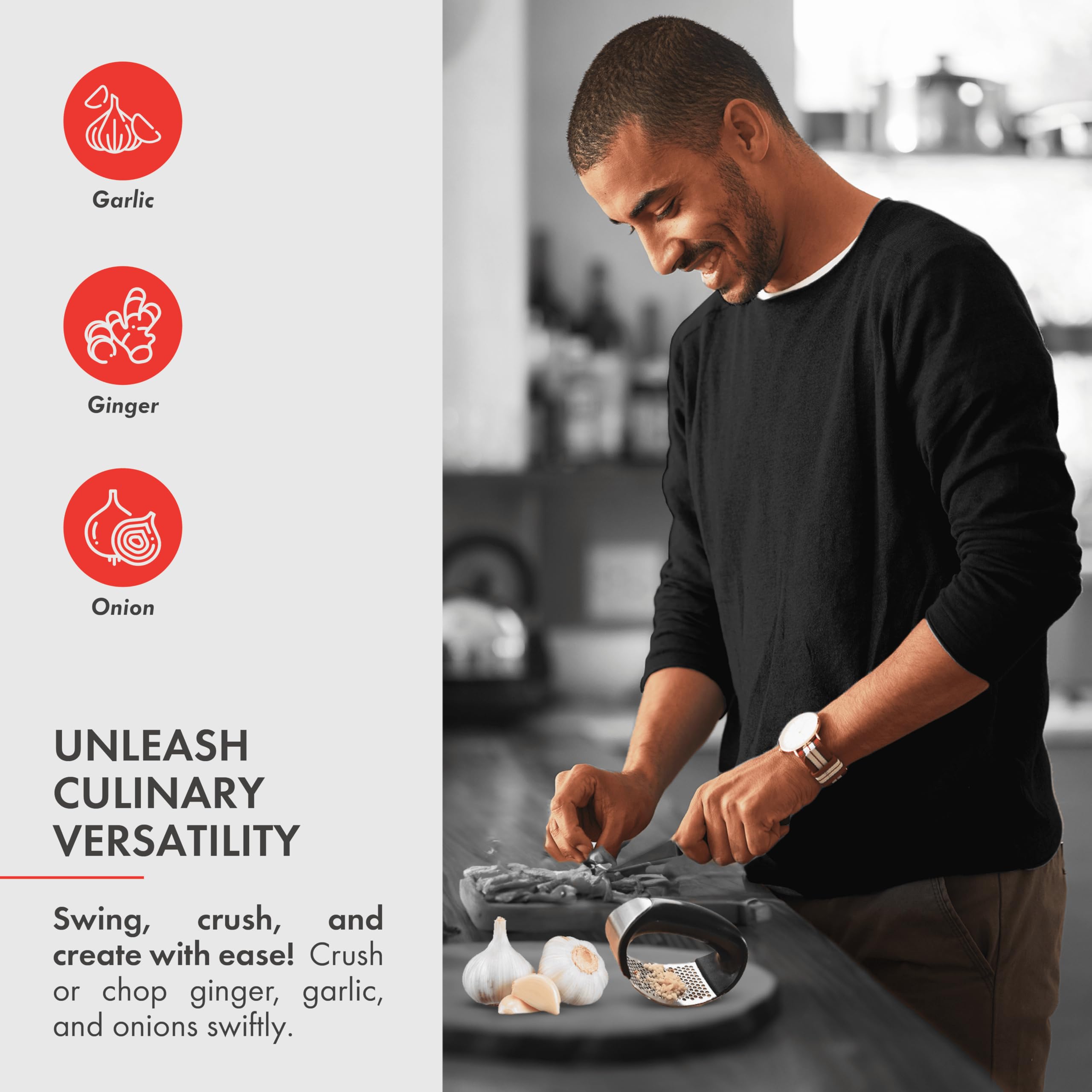 Premium Stainless Steel Garlic Press & Crusher with Ergonomic Wooden Handle - Easy Garlic Peeler for Cooking, Baking, and Meal Prep - Perfect for Home Chefs and Professional Kitchens