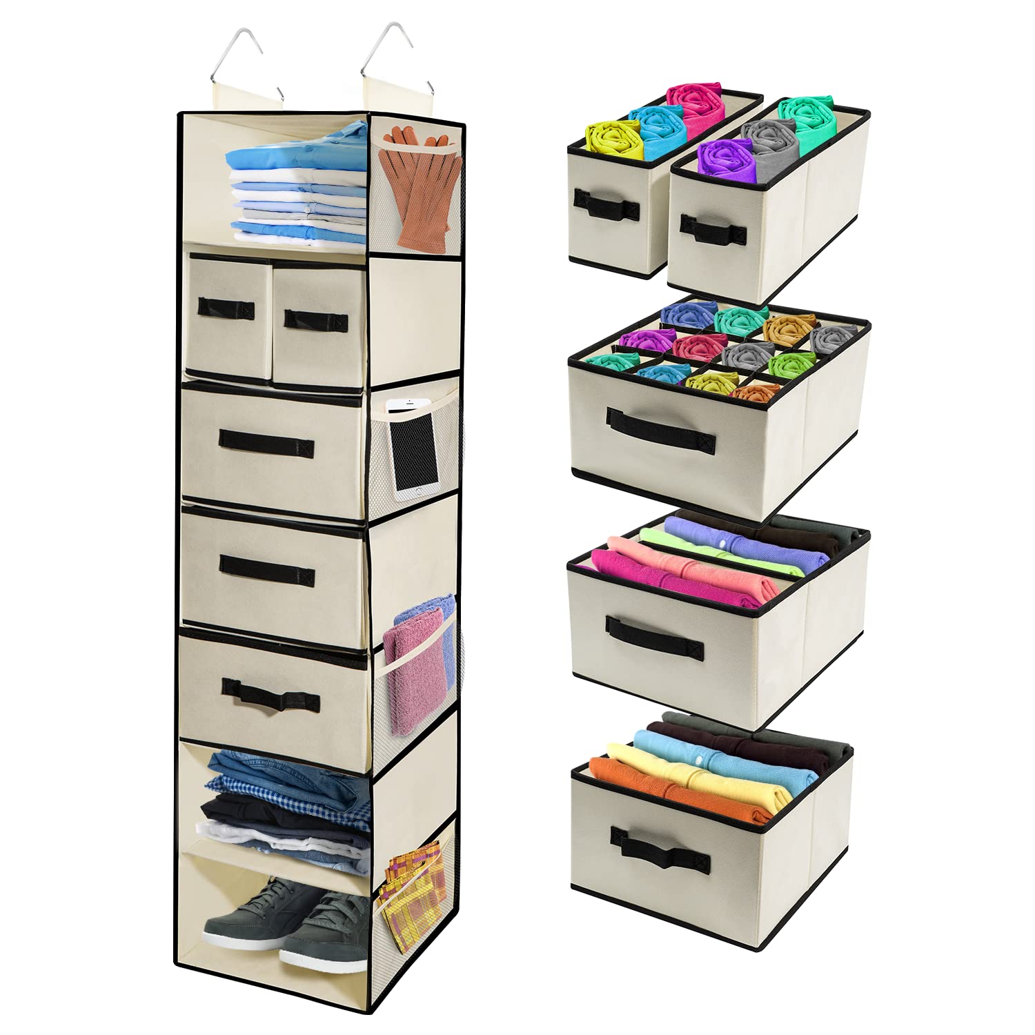 Tidy Zebra 7-Tier Hanging Closet Organizer with Drawers - Space Saving Storage Shelf for Clothes, Shoes & Underwear - Perfect for Bedroom, RV, Nursery & Dorm Room Organization (Ideal for Small Spaces & Travel)