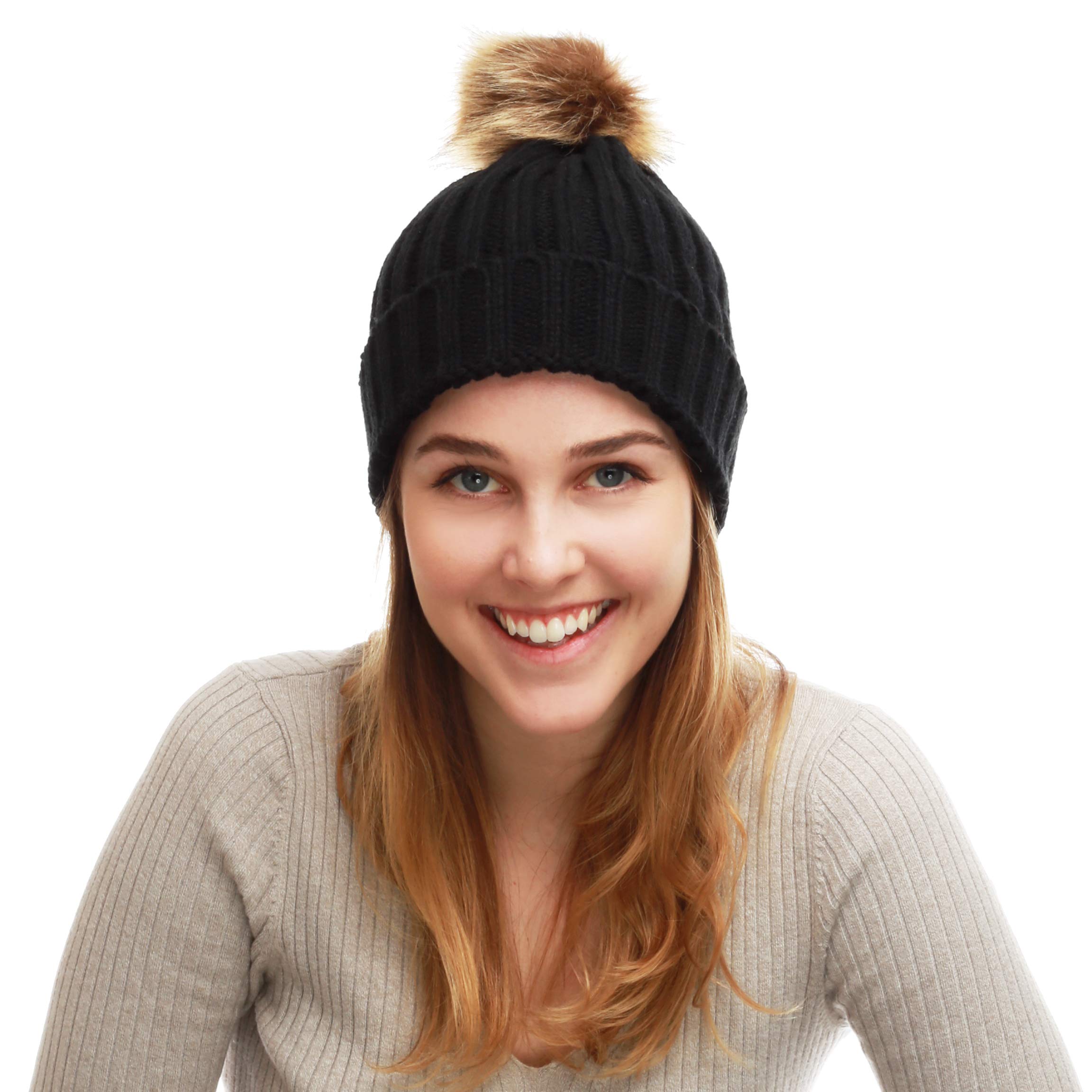 The Hat Depot Winter Faux Fur Pom Pom Knit Beanie Skull Hat for Women & Men - Warm Winter Hat for Cold Weather, Outdoor Activities, Skiing, Snowboarding, and Casual Wear