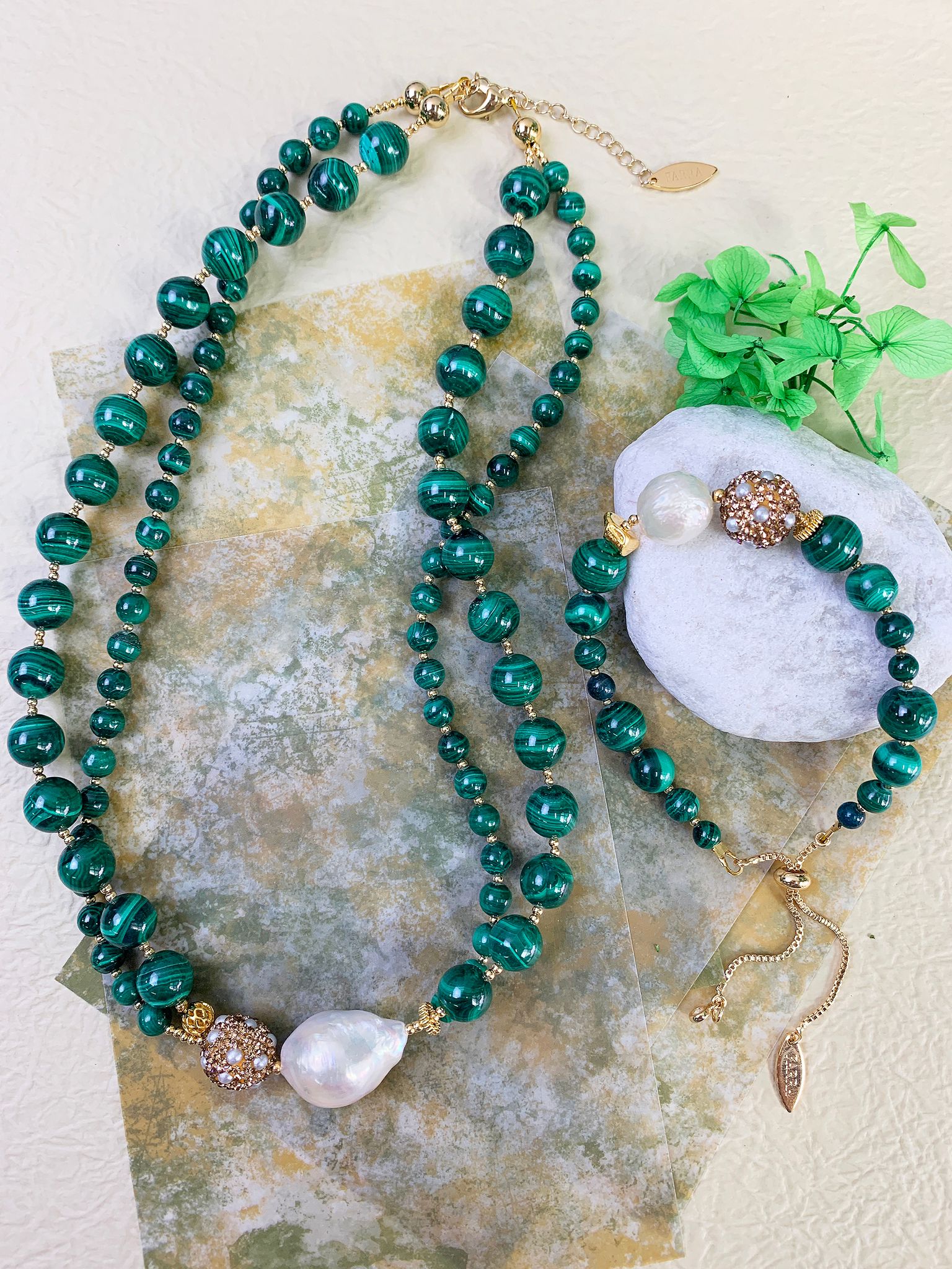 Elegant Baroque Pearl & Malachite Double Strand Statement Necklace GN015 - Perfect for Weddings, Parties & Formal Events