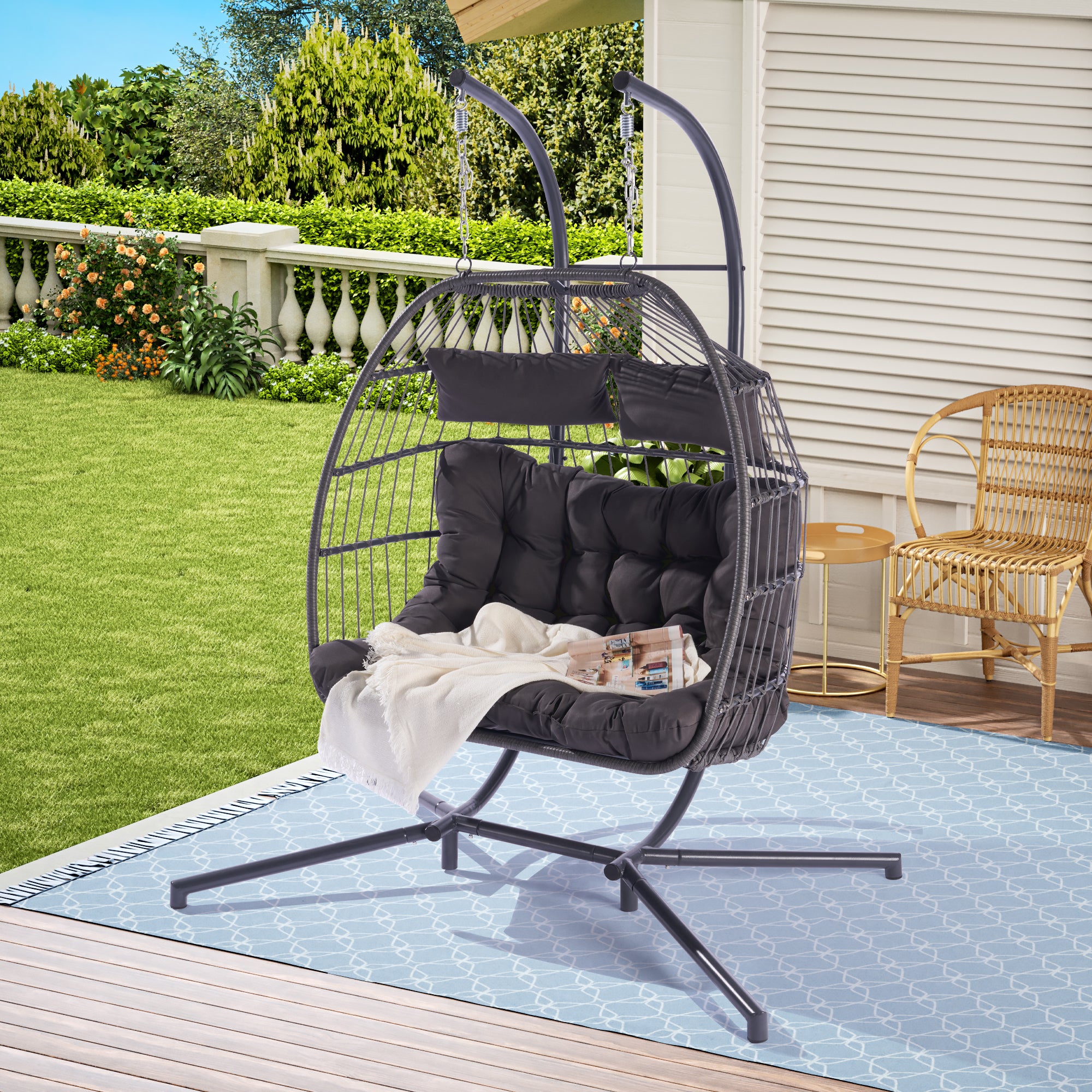 2 Person Outdoor Rattan Hanging Chair - Patio Wicker Egg Swing Chair for Garden, Balcony & Backyard - Perfect for Relaxing & Lounging