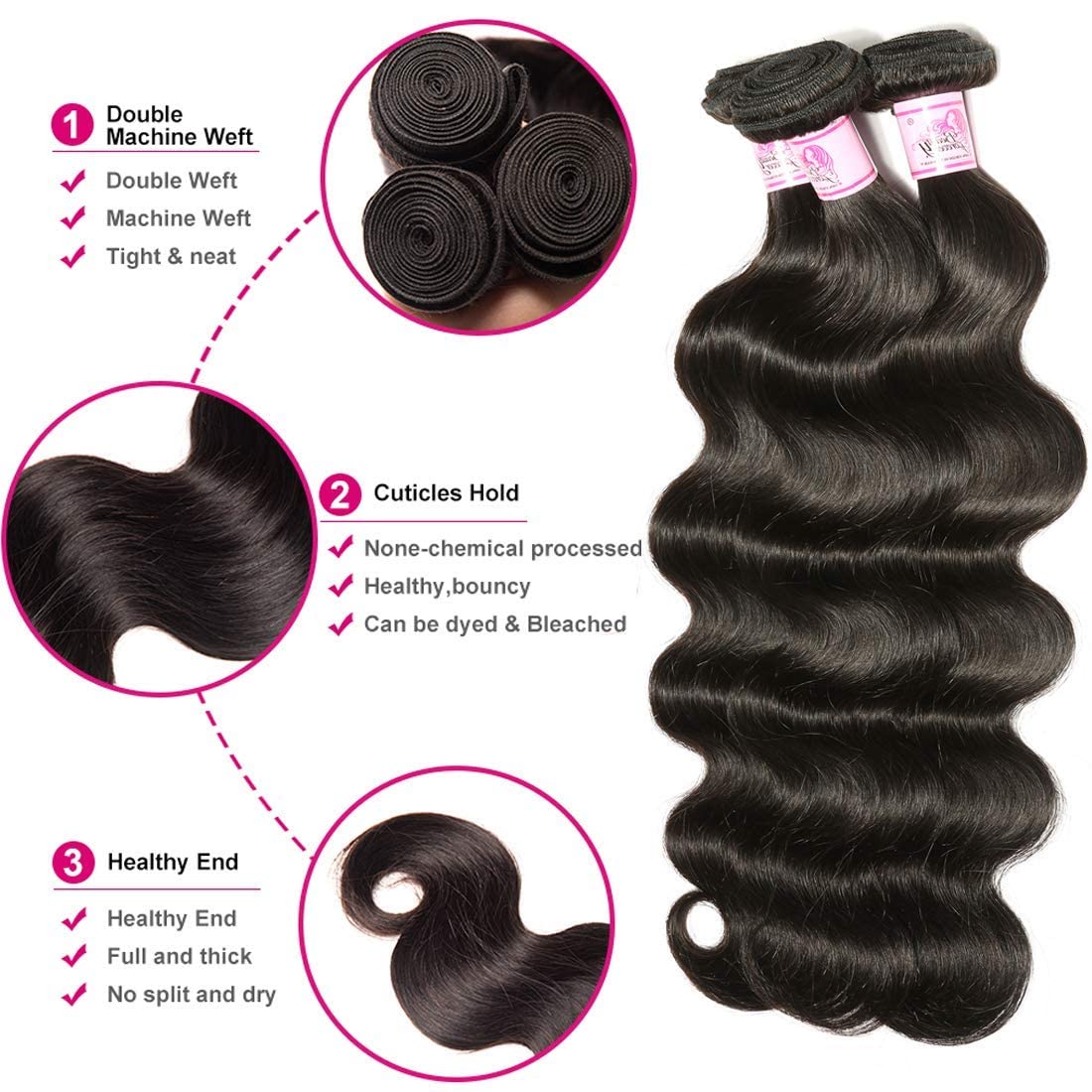 Beauty Forever Indian Body Wave Hair Extensions - 3 Bundles 100% Unprocessed Virgin Human Hair Weaves, Natural Color (20 22 24 Inch) 95-100g per Bundle | Perfect for Weddings, Parties & Daily Styling