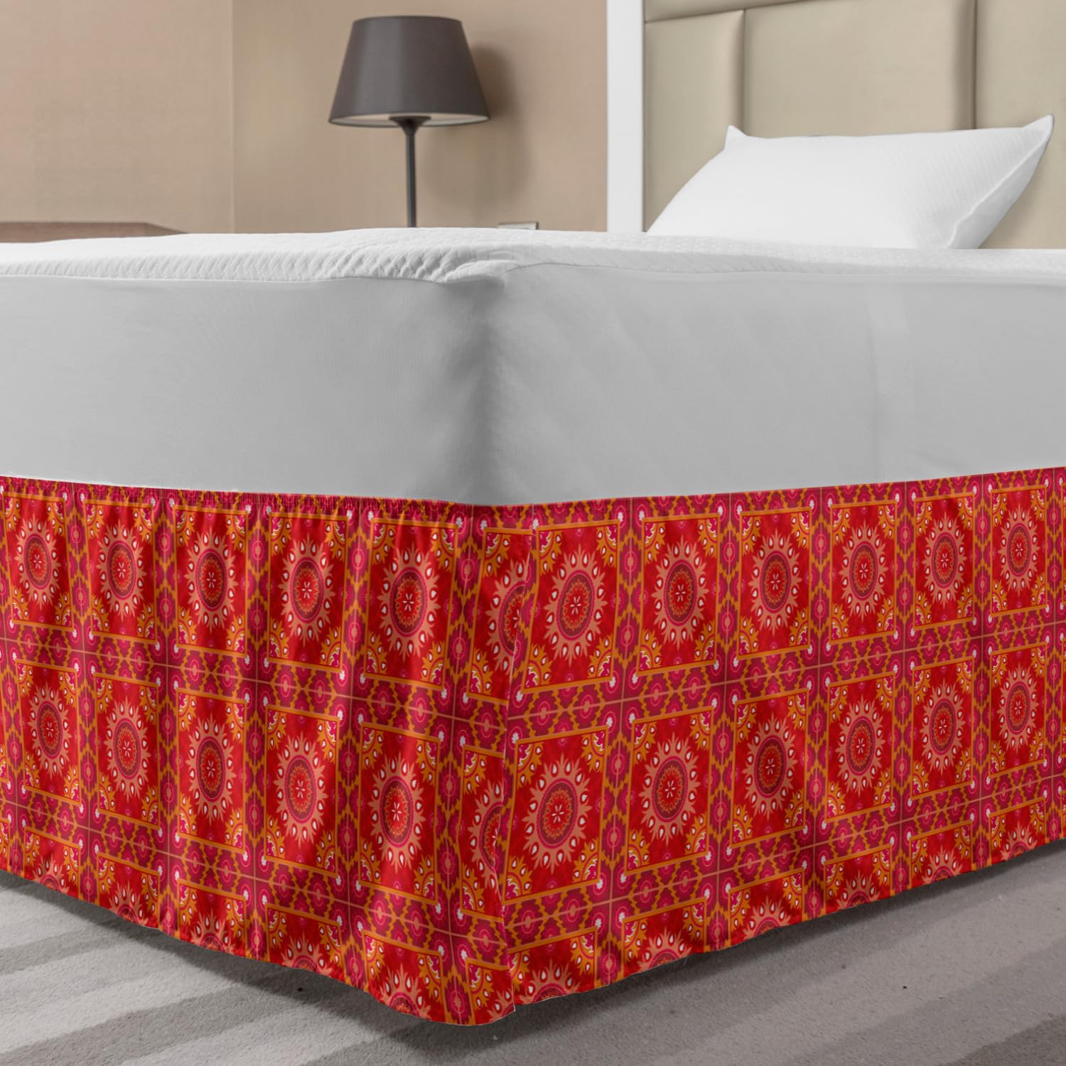 Ambesonne Red Mandala Bed Skirt - Oriental Inspired Symmetric Tile Design Elastic Dust Ruffle Wrap Around for Queen/King Size Beds - Perfect for Boho Chic & Asian Inspired Bedroom Decor