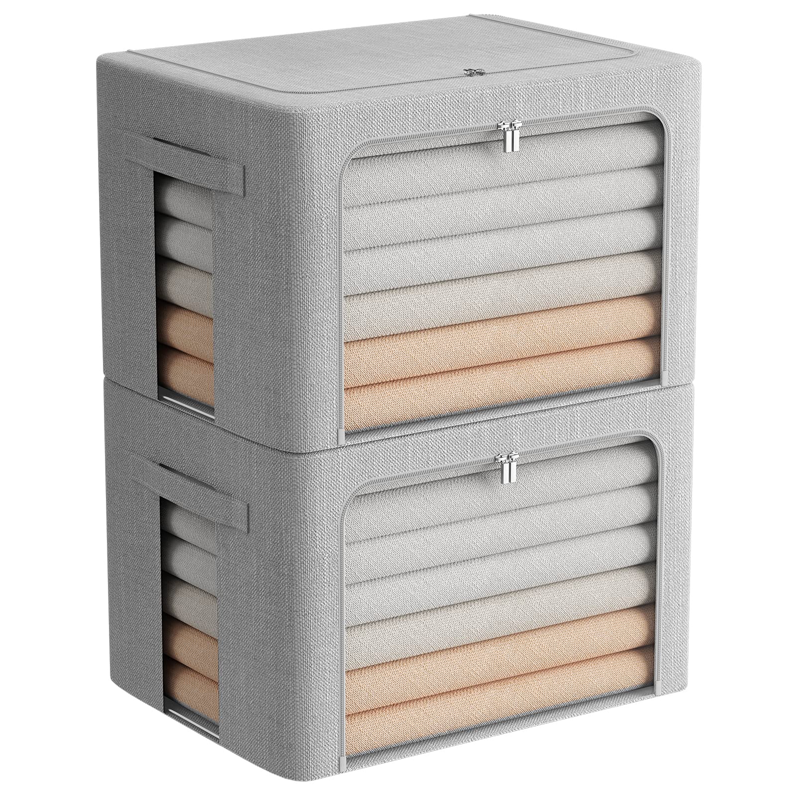 2 Pack Large Stackable Clothes Storage Bins with Metal Frame - Foldable Linen Fabric Organizer Box with Clear Window & Handles (23.6x16.5x15.7 Inch, Light Gray) - Perfect for Closet, Bedroom, Nursery & Office Organization