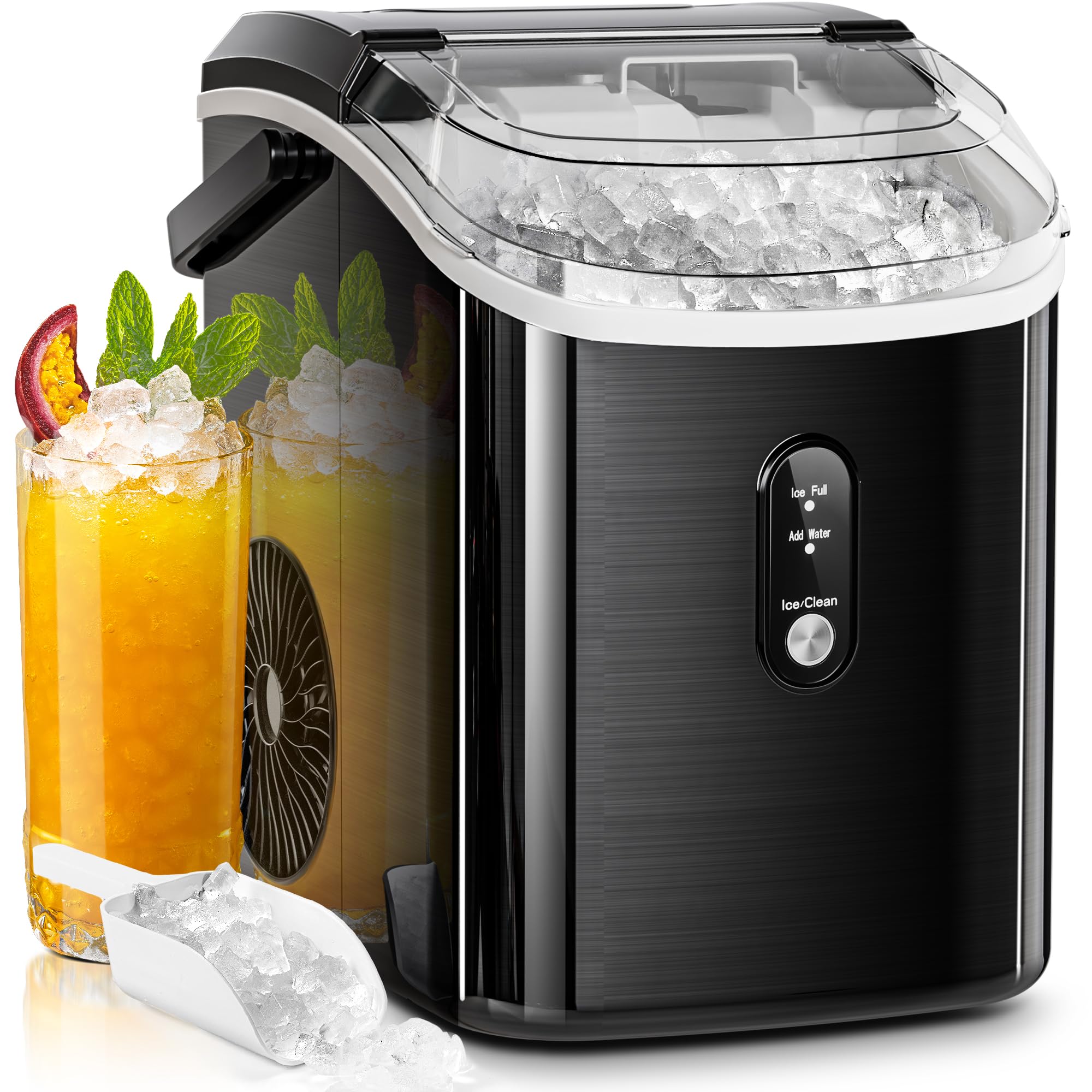 AGLUCKY Countertop Nugget Ice Maker Machine - 35Lbs/24H Portable Pebble Ice Maker with Soft Chewable Ice, One-Click Operation & Self-Cleaning Function, Stainless Steel Black - Perfect for Home Kitchen, Office, Parties & Outdoor Activities