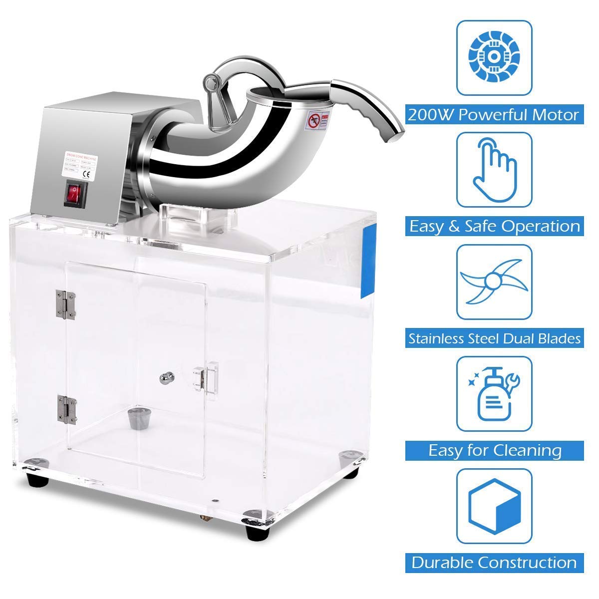 Commercial Snow Cone Machine - 440lbs/H Stainless Steel Electric Ice Shaver with Dual Blades & Safety Switch - Large Acrylic Box - Perfect for Home, Restaurants, Bars, Parties & Summer Events