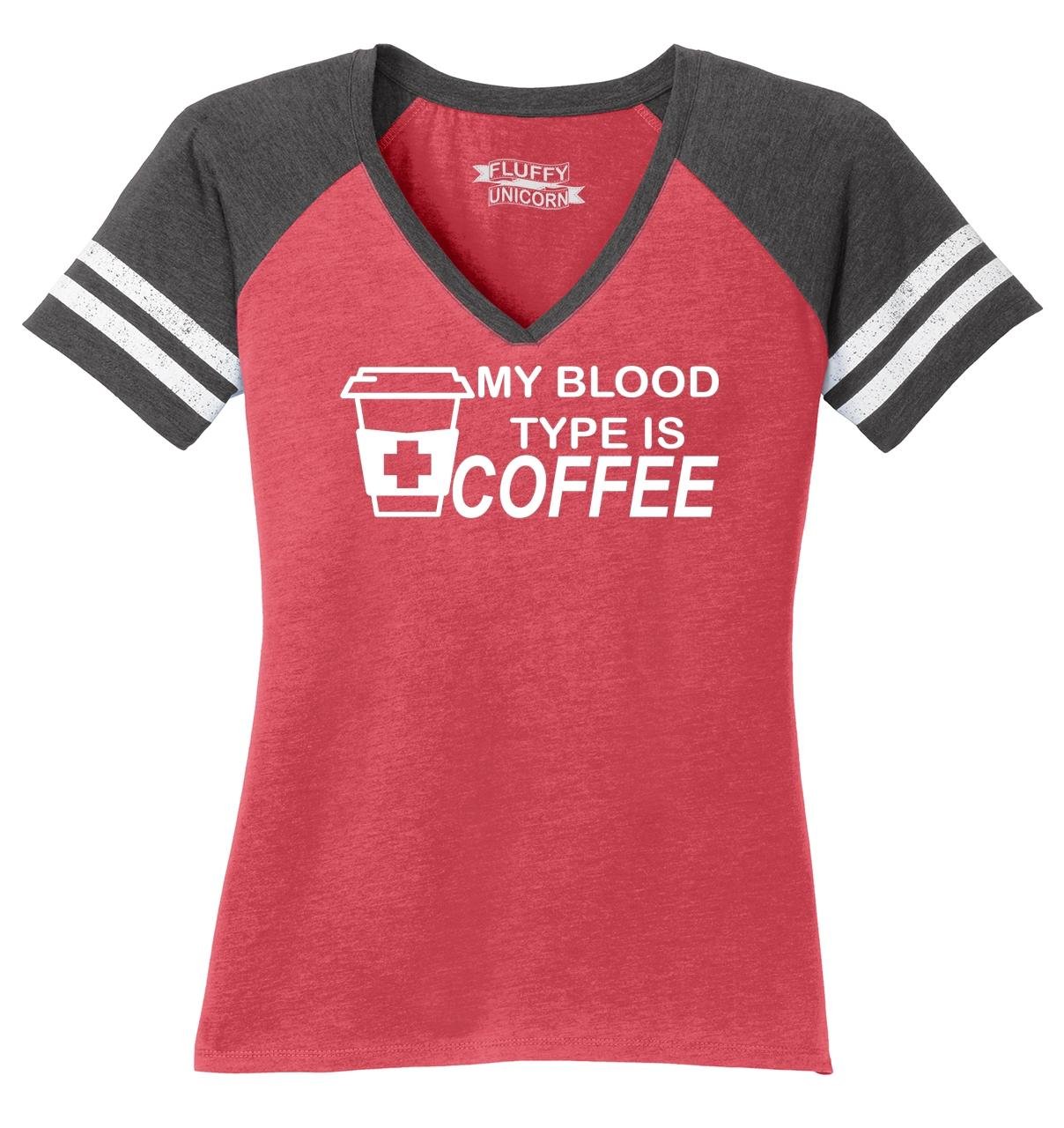 My Blood Type is Coffee Funny Women's V-Neck T-Shirt - Cute Coffee Lover Graphic Tee for Casual Wear & Gifts