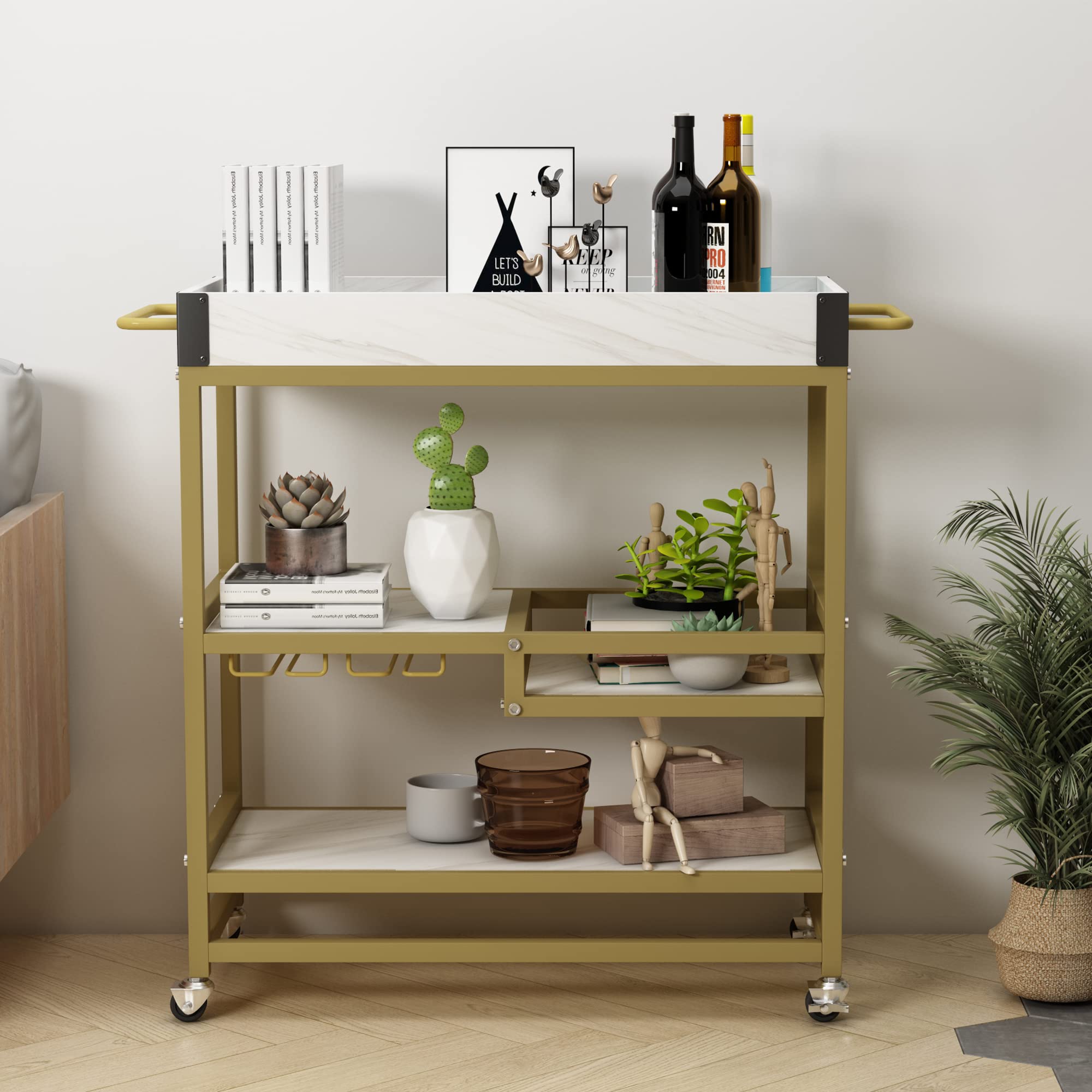 Goujxcy Mobile Kitchen Island Cart with Storage - Rolling Kitchen Cart with Drawers, Cabinets & Lockable Casters - Adjustable Shelves for Small Spaces (A1-Gold2) - Perfect for Compact Kitchens, Dining Areas & Home Organization