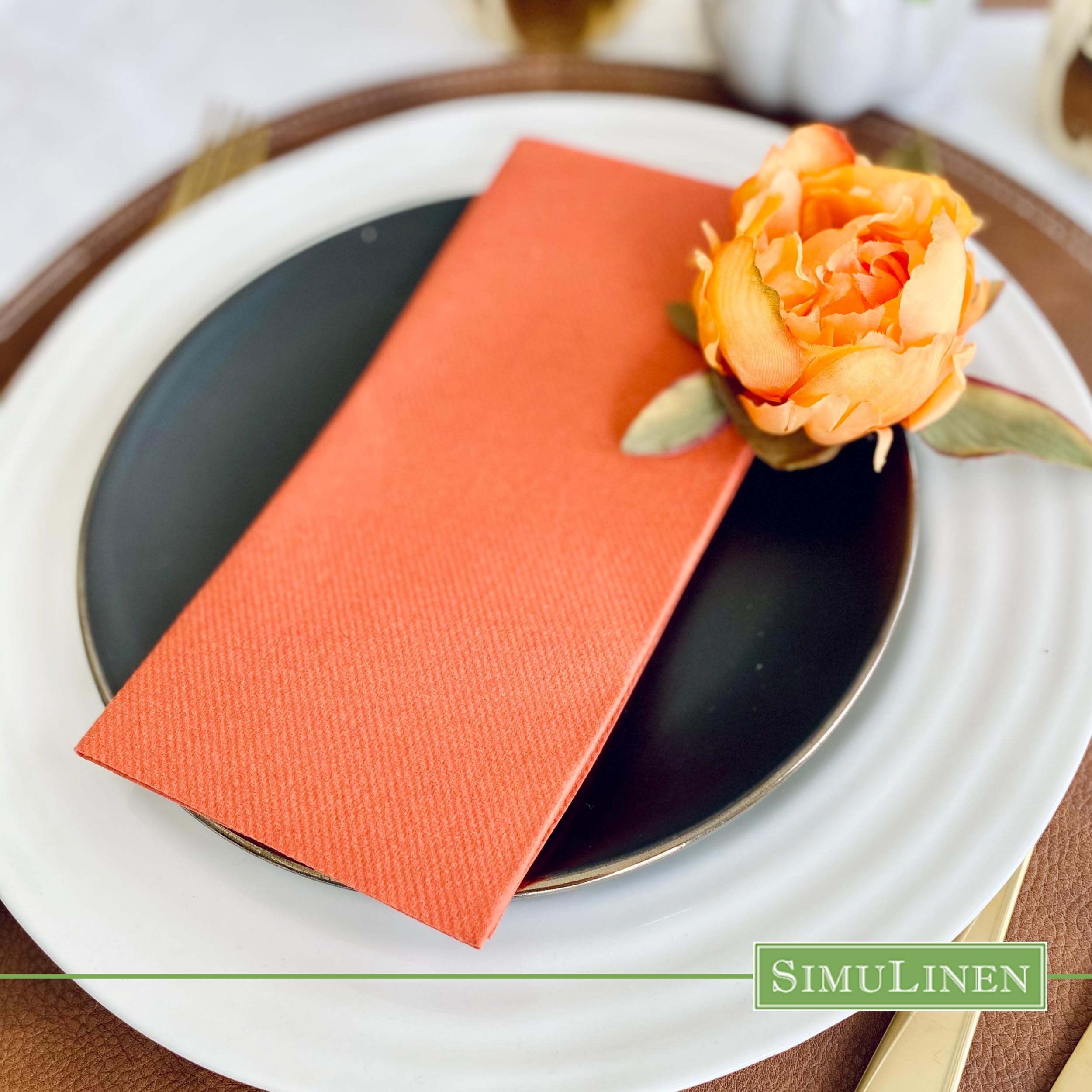 SimuLinen Terracotta Linen Feel Disposable Dinner Napkins - Burnt Orange Cloth-Like Fall Napkins | 16