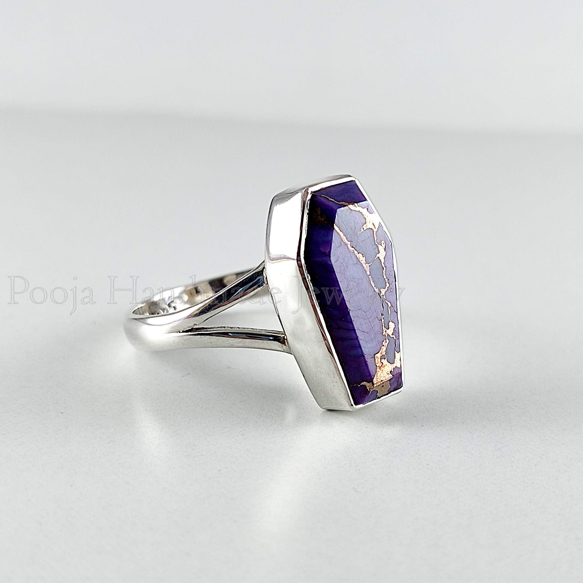 Handmade 925 Silver Coffin Ring with Purple Copper Turquoise - Boho Delicate Jewelry for Women, Anniversary Gift, Promise Ring - Perfect for Weddings, Parties & Special Occasions
