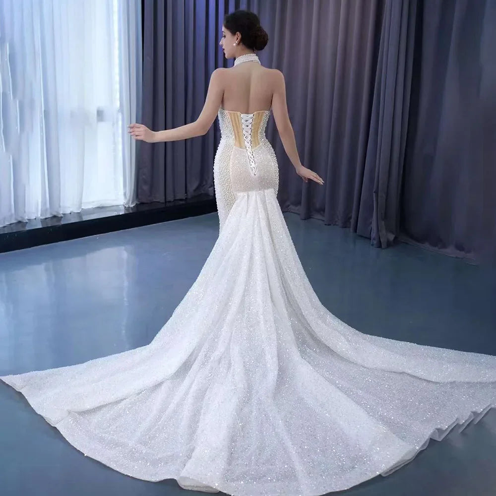 Serene Hill White Champagne Mermaid Wedding Dress with Lace-Up Back & Pearl Beading - Luxury Custom Bridal Gown 2025 (HM231033) | Perfect for Beach Weddings, Formal Ceremonies & Red Carpet Events