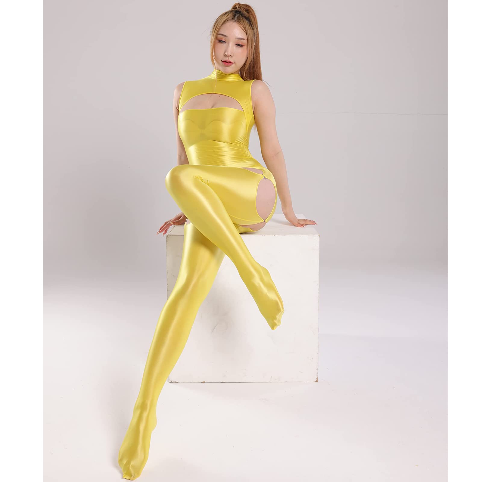 Leesuo Women's Sexy Shiny Glossy Bodystocking - Long Sleeve Bodysuit Catsuit Bodycon Dress with Stockings | Perfect for Halloween, Cosplay, Nightclub & Boudoir Photography