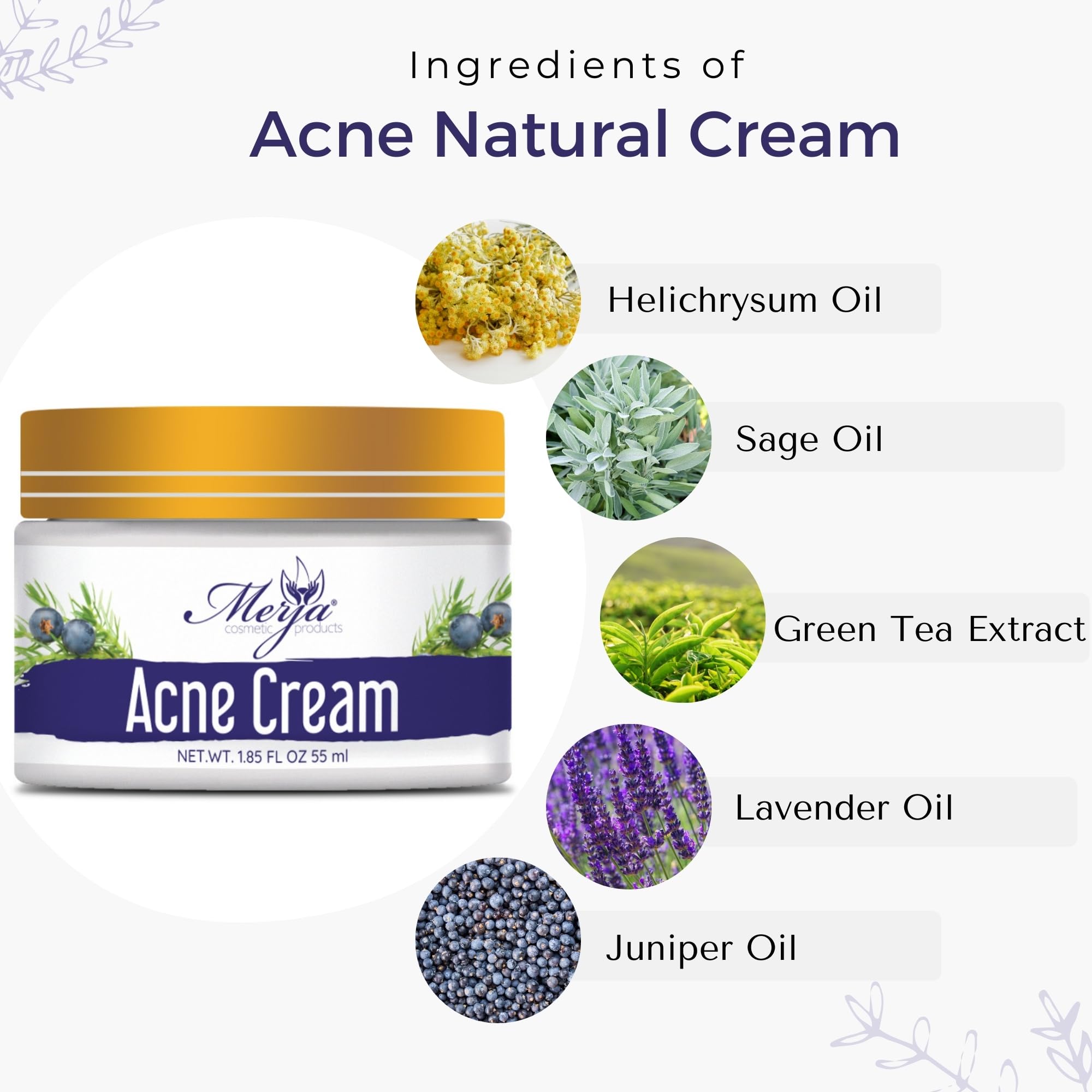 Merja Herbs Natural Anti-Acne Face Moisturizer Cream with Helichrysum, Sage, Green Tea & Lavender | Salicylic Acid Acne Treatment | Hydrating Facial Cream with Light Floral Scent | 55ml (1.86oz) | Perfect for Oily, Acne-Prone Skin & Daily Skincare Routine