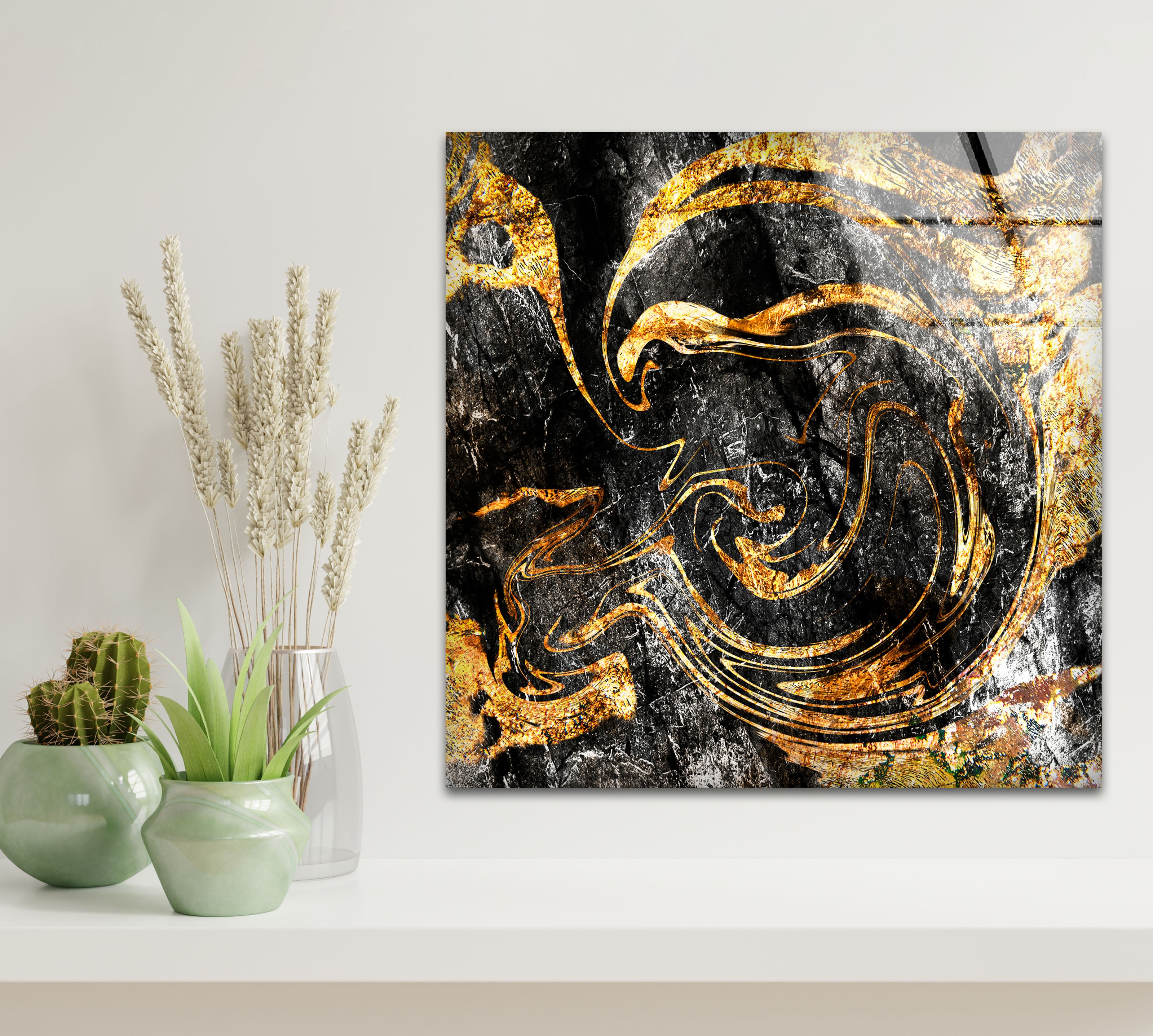 Black Gold Abstract Wall Art - Premium Textured Glass Print with Metallic Swirl Design for Modern Home & Office Decor | Perfect for Living Room, Bedroom or Contemporary Spaces