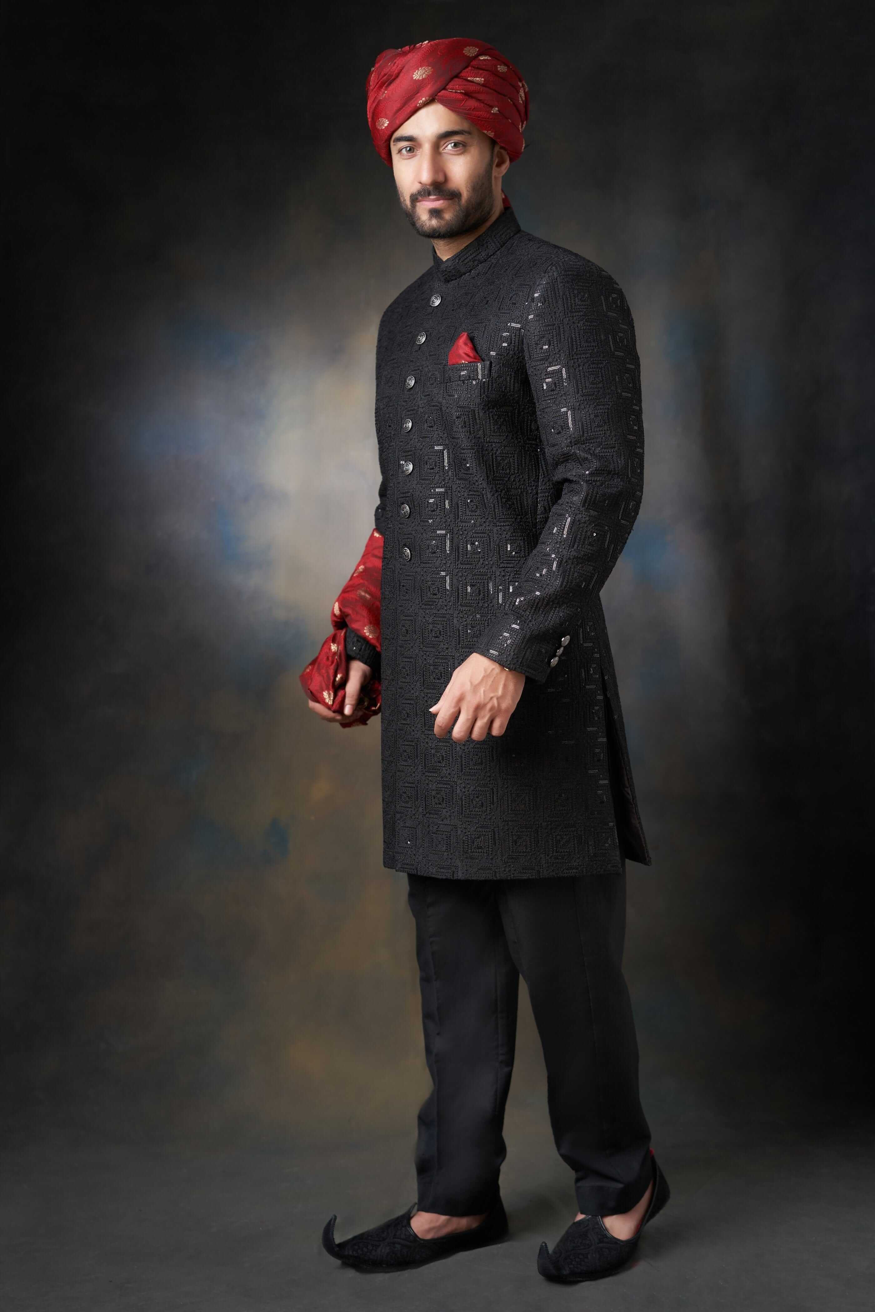 Elegant Jet Black Short Sherwani for Men with Sequins Detailing - Perfect for Weddings, Festivals & Special Occasions