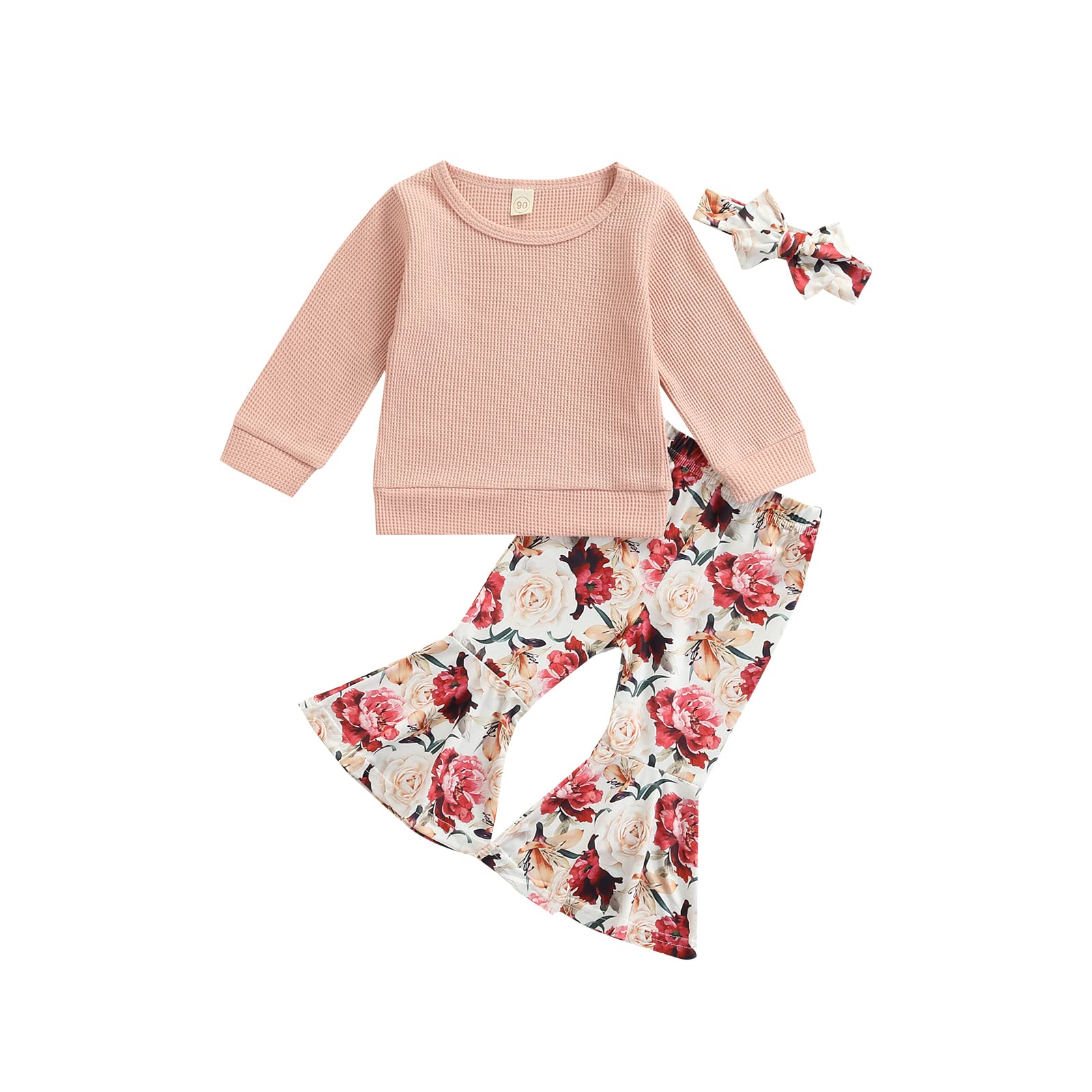 **Toddler Baby Girl Outfit Set - Solid Color Long Sleeve Waffle Shirt & Floral Bell Bottom Pants with Headband | Cute Casual Playdate & Photoshoot Outfits**