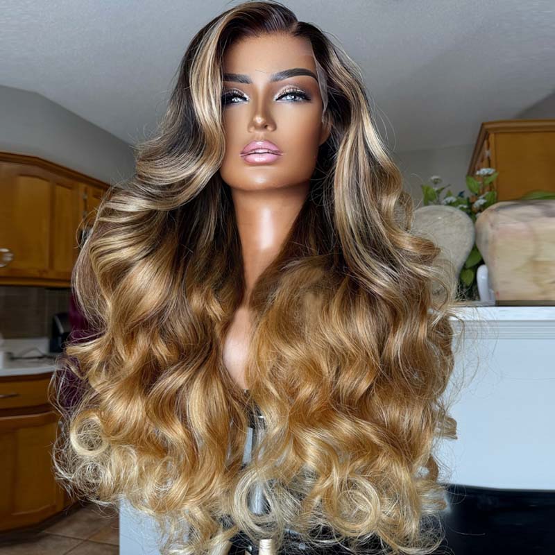 Eullair Ombre Brown with Honey Blonde Highlights Body Wave Human Hair Lace Front Wig for Women - Natural Look for Parties, Cosplay & Daily Wear