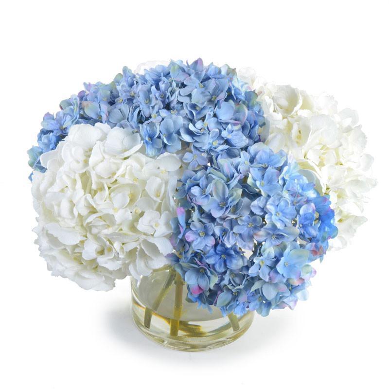 Blue and White Artificial Hydrangea Flower Arrangement in Glass Vase - Perfect for Home Decor, Wedding Centerpieces, and Office Tabletop Displays