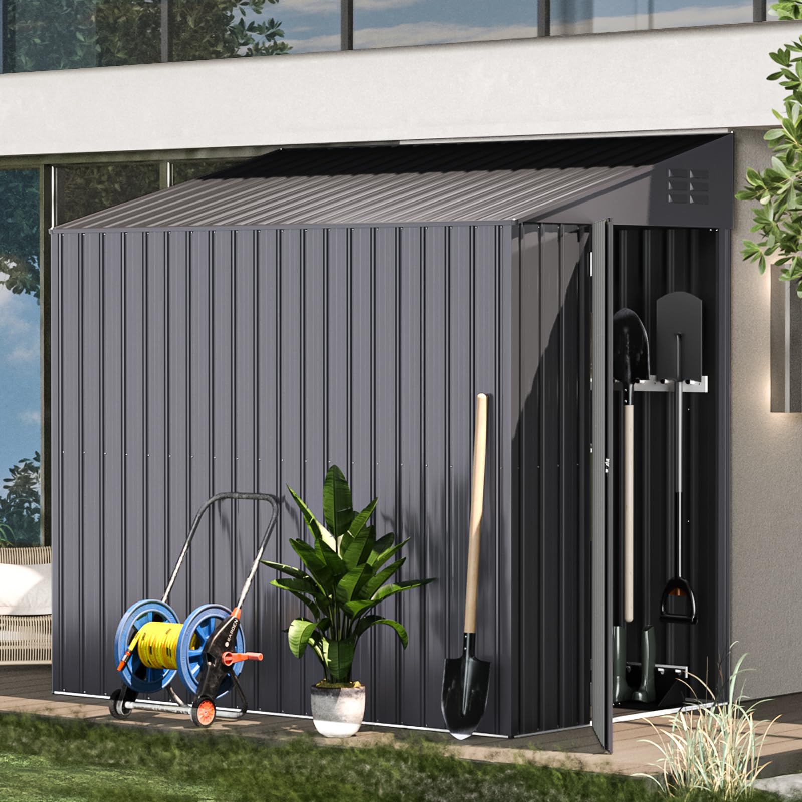 AECOJOY 4x7 Feet Metal Storage Shed - Outdoor Bike Shed, Garden Tool Organizer, Backyard Storage Solution in Dark Grey | Perfect for Patio, Garage & Yard Organization