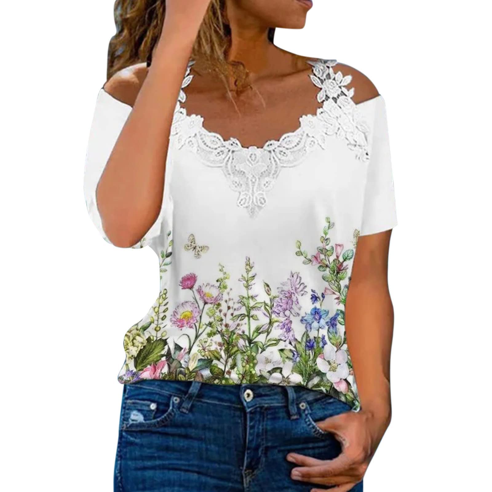 Sexy Off Shoulder Lace Blouse for Women - Floral Print Summer Tops, Dressy Casual Pullover Shirts - Perfect for Beach, Party & Date Night Outfits