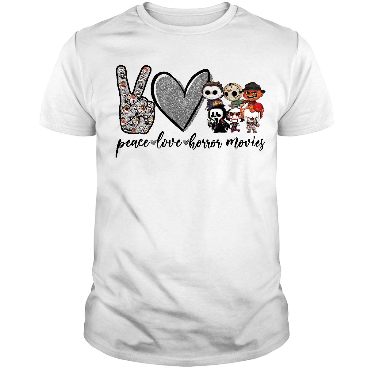Peace Love Horror Movies Funny Killers Squad Graphic T-Shirt for Men & Women | Horror Fan Gift, Halloween Costume, Horror Convention Outfit