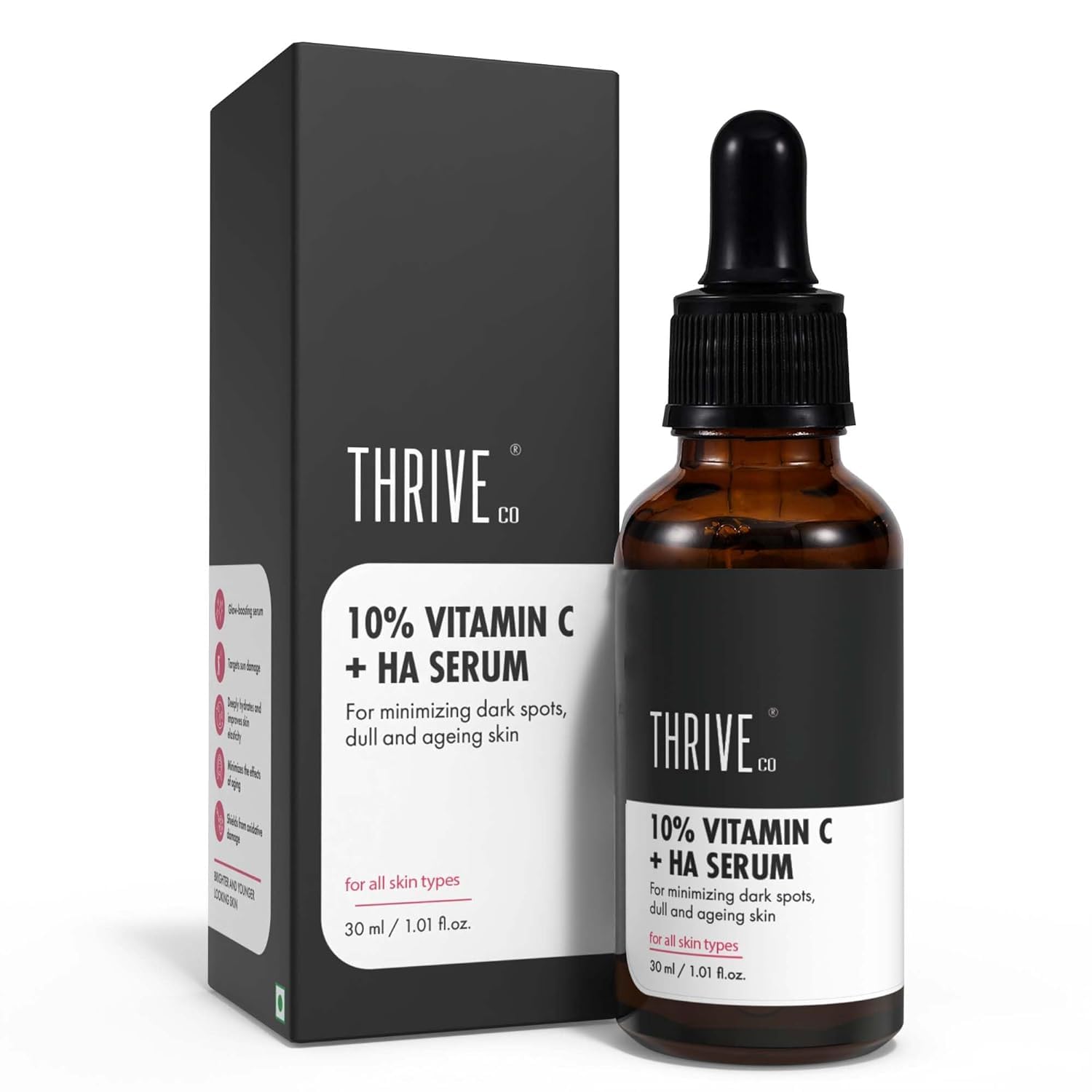 THRIVE CO 10% Vitamin C Serum for Face with Hyaluronic Acid - Brightening & Glowing Skin Treatment for Men & Women - Non-Sticky Vegan Formula for All Skin Types - 30ml - Perfect for Daily Skincare Routine & Anti-Aging Care